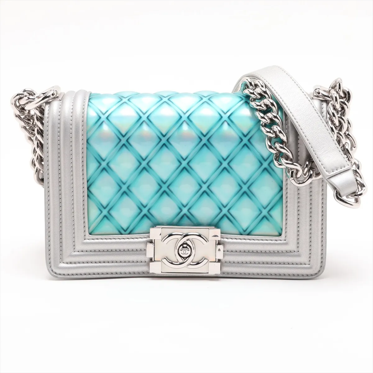 Boy Chanel 20 Small Lambskin x Vinyl Chain Shoulder Bag, Silver x Blue, Silver Hardware, 25909917, Serial Number 25-series, A67085