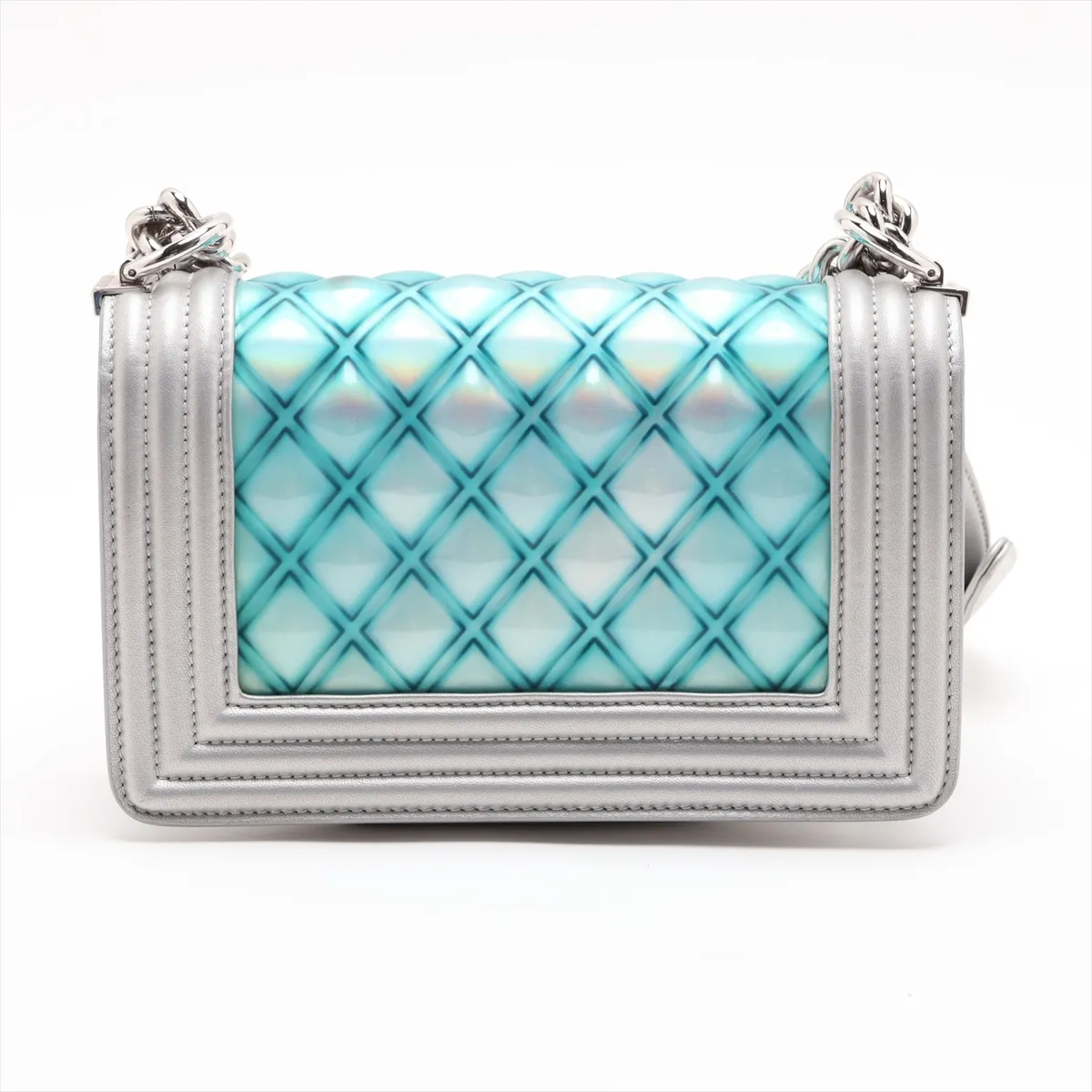 Boy Chanel 20 Small Lambskin x Vinyl Chain Shoulder Bag, Silver x Blue, Silver Hardware, 25909917, Serial Number 25-series, A67085 — view 2