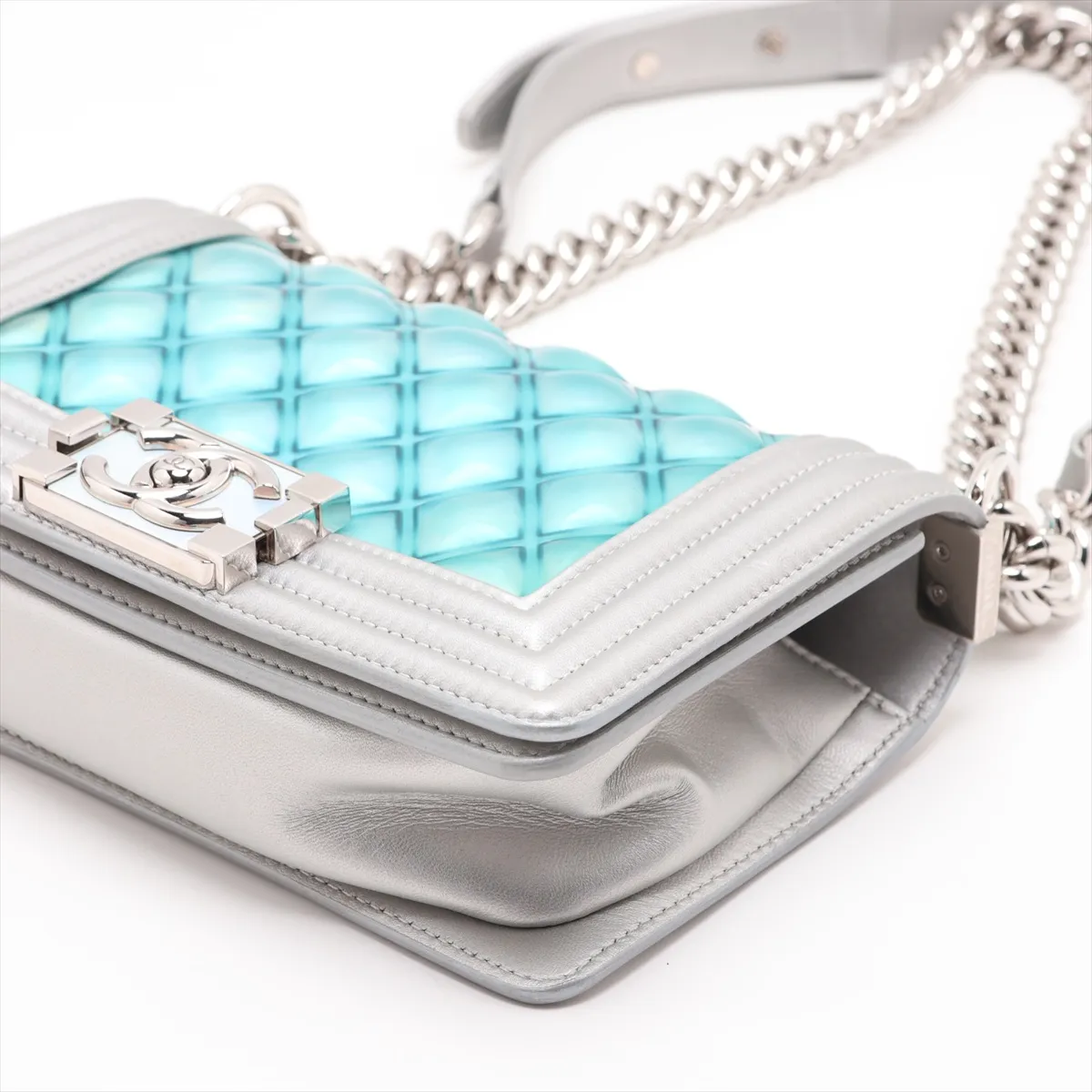 Boy Chanel 20 Small Lambskin x Vinyl Chain Shoulder Bag, Silver x Blue, Silver Hardware, 25909917, Serial Number 25-series, A67085 — view 3