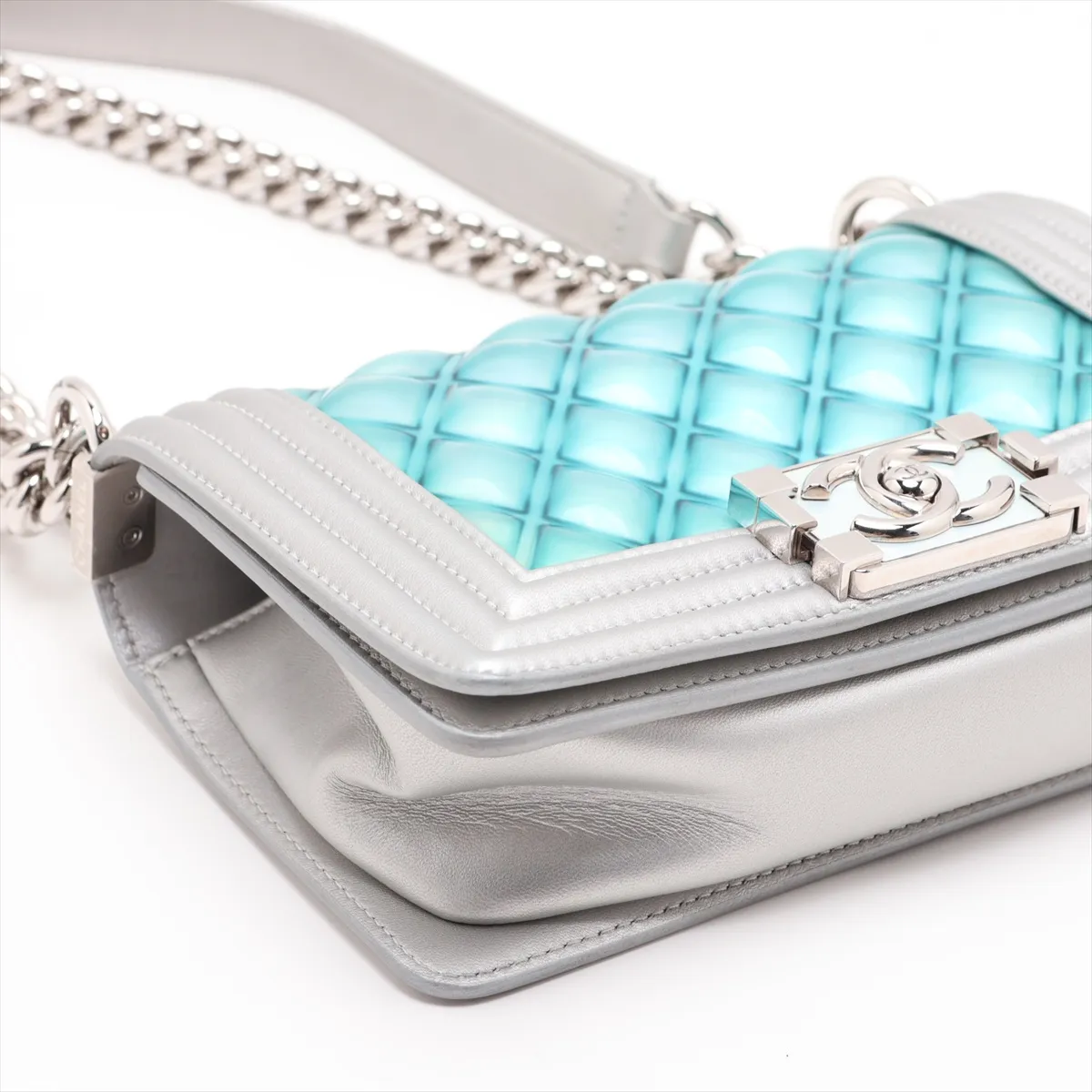 Boy Chanel 20 Small Lambskin x Vinyl Chain Shoulder Bag, Silver x Blue, Silver Hardware, 25909917, Serial Number 25-series, A67085 — view 4