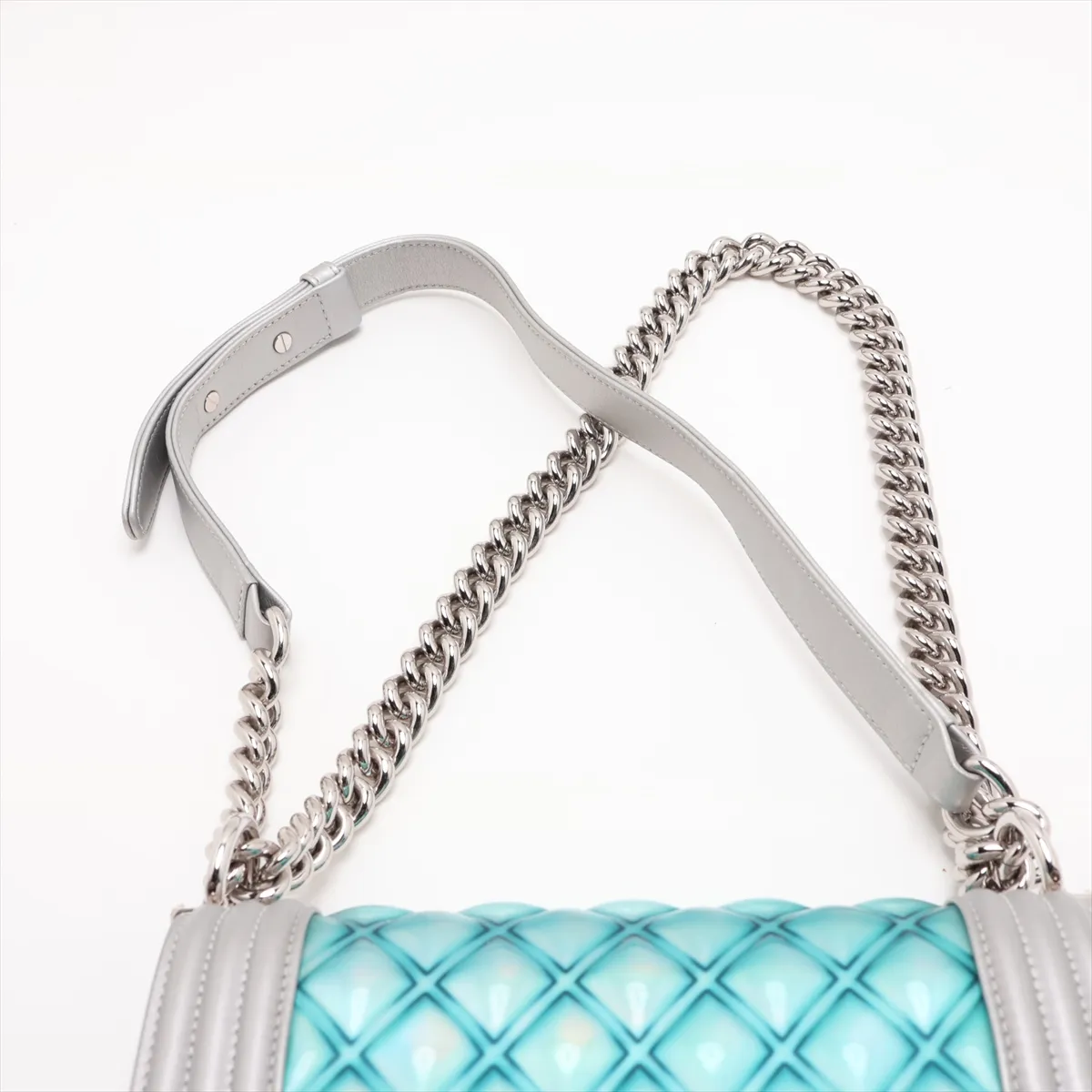 Boy Chanel 20 Small Lambskin x Vinyl Chain Shoulder Bag, Silver x Blue, Silver Hardware, 25909917, Serial Number 25-series, A67085 — view 6