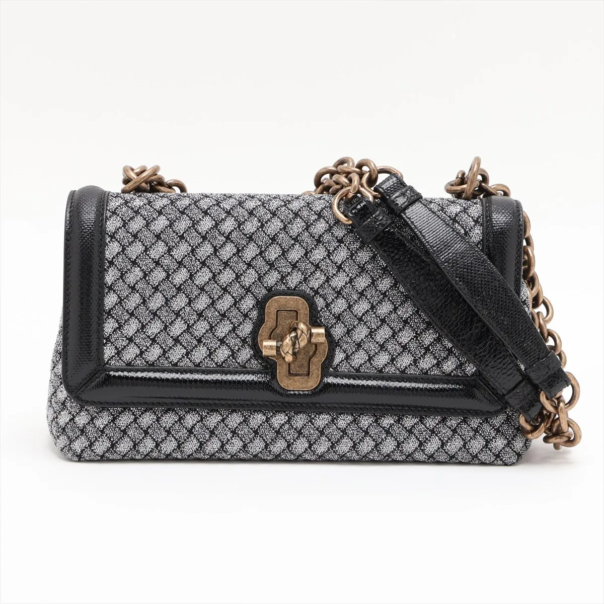 Intrecciato Olympia Knot Canvas x Leather Chain Shoulder Bag, Black x Silver, with Mirror