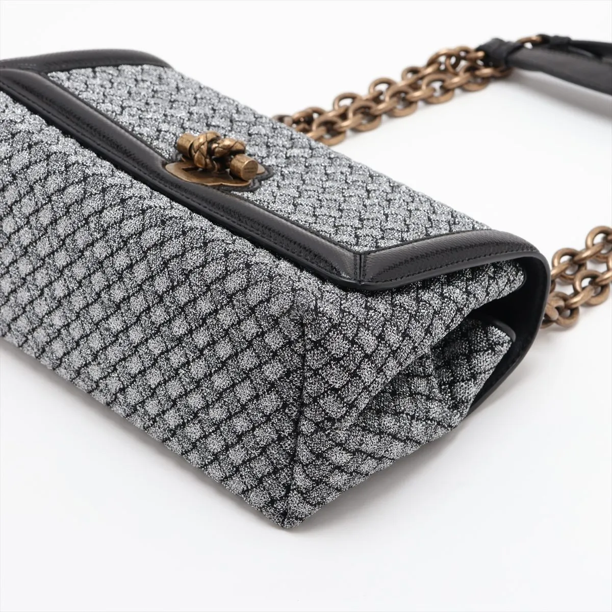 Intrecciato Olympia Knot Canvas x Leather Chain Shoulder Bag, Black x Silver, with Mirror — view 3