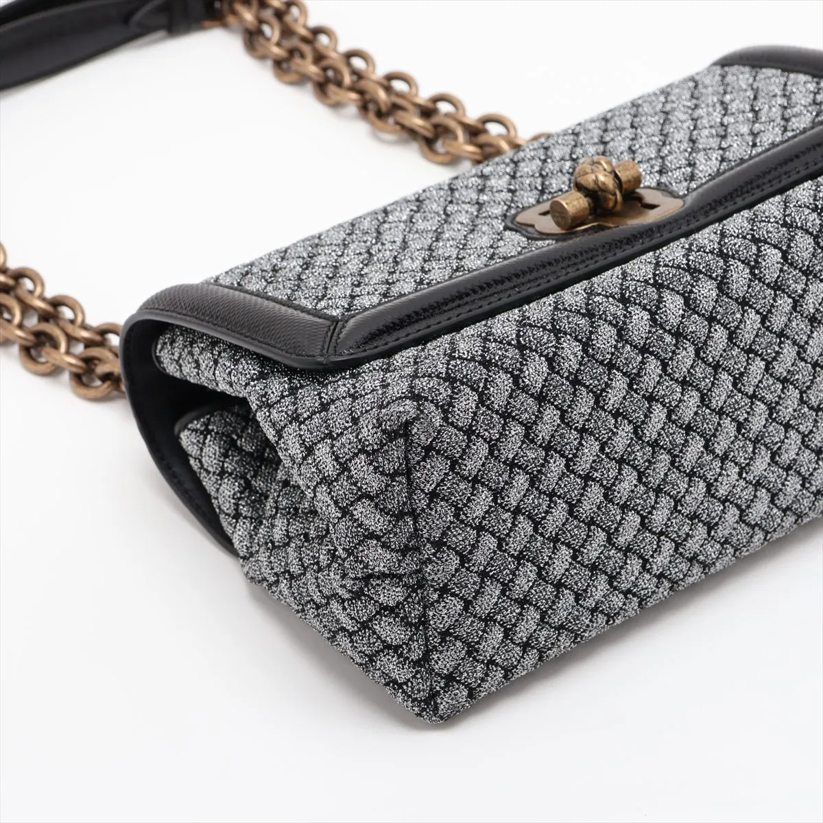 Intrecciato Olympia Knot Canvas x Leather Chain Shoulder Bag, Black x Silver, with Mirror — view 4