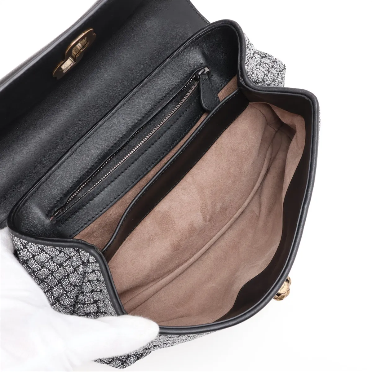 Intrecciato Olympia Knot Canvas x Leather Chain Shoulder Bag, Black x Silver, with Mirror — view 7