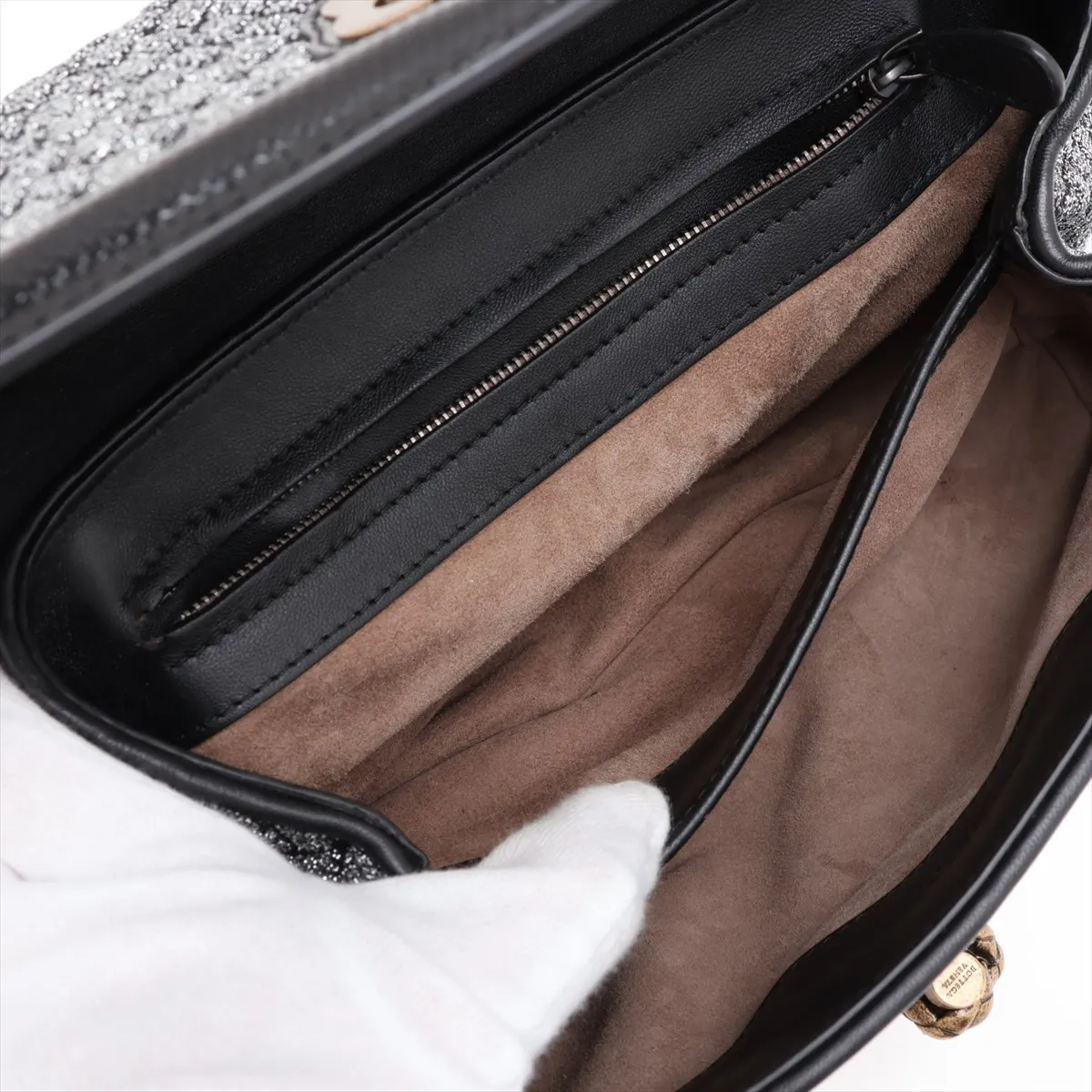 Intrecciato Olympia Knot Canvas x Leather Chain Shoulder Bag, Black x Silver, with Mirror — view 8