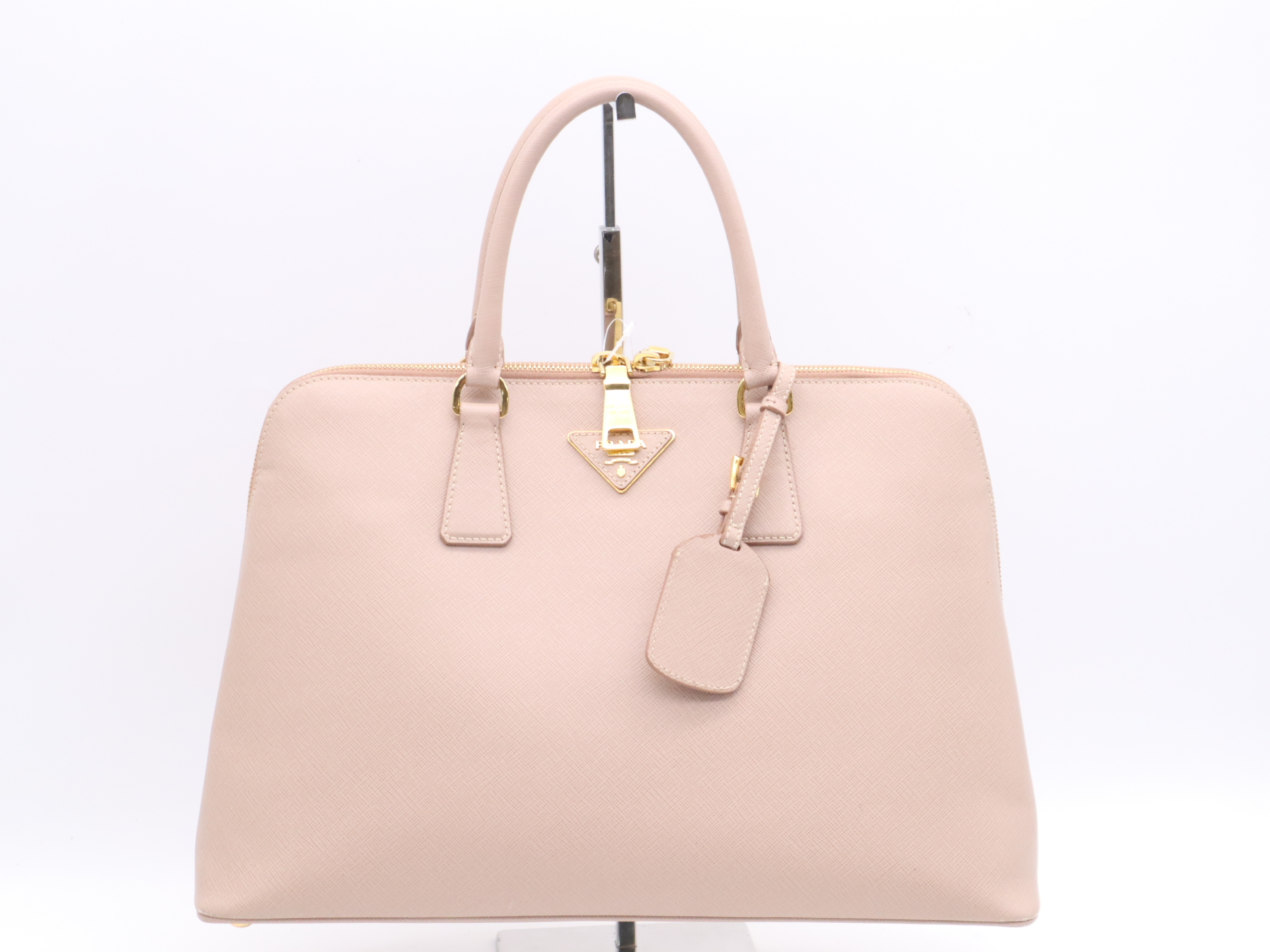 Leather Calfskin Handbag with Name Tag, Pink Gold Hardware
