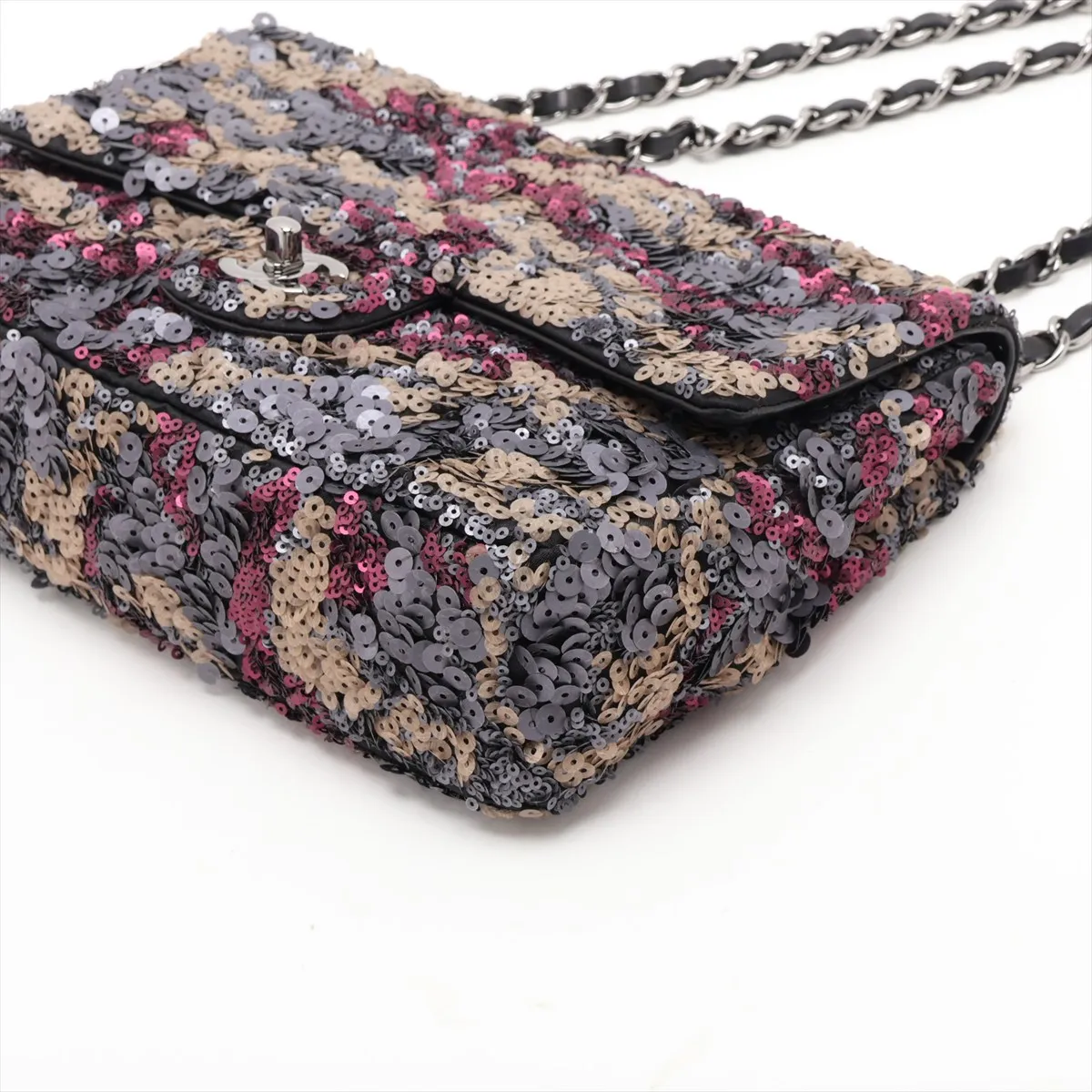 Coco Mark Sequin Single Flap Double Chain Bag, Black with Silver Hardware, 17718321, serial number in the 17 range. — view 3