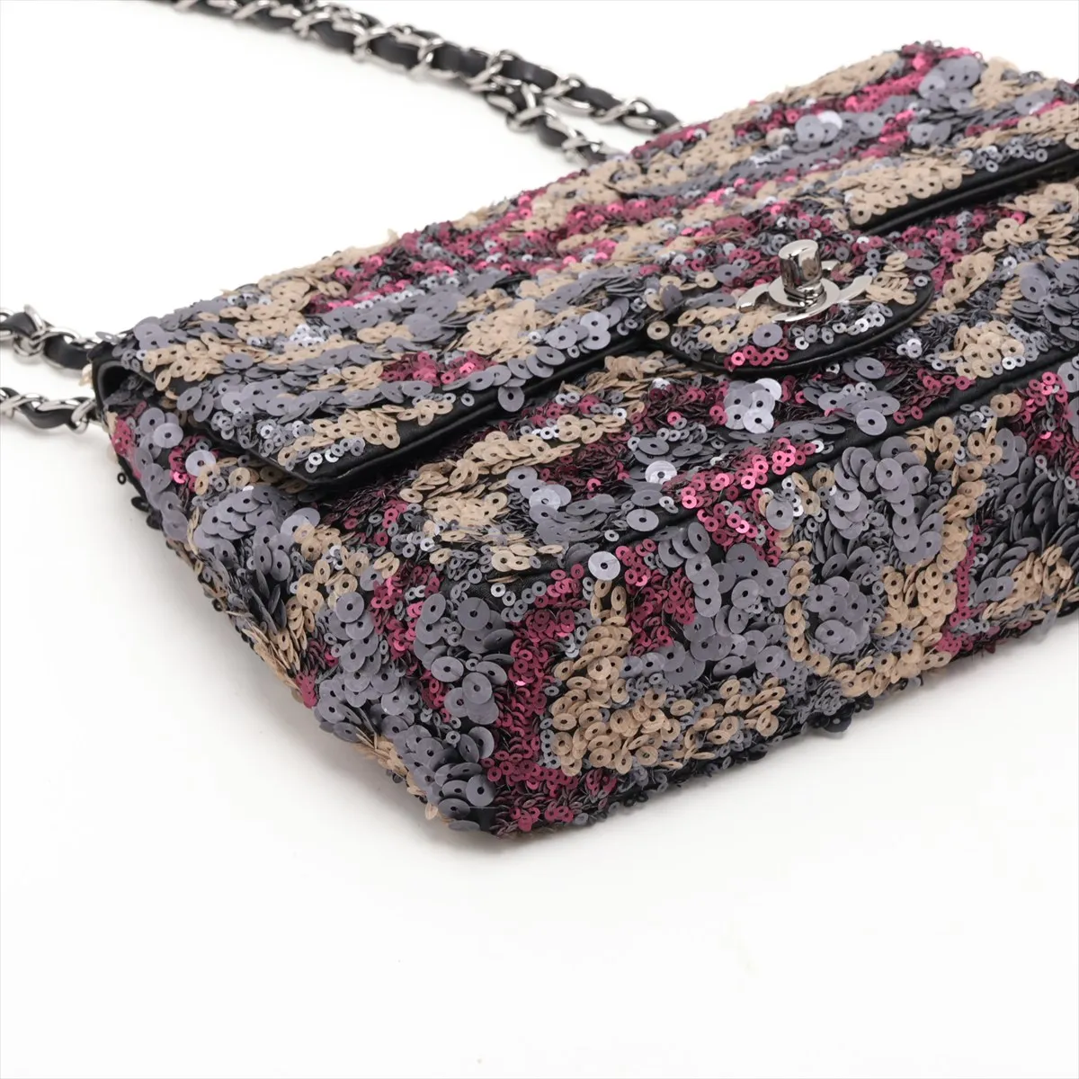Coco Mark Sequin Single Flap Double Chain Bag, Black with Silver Hardware, 17718321, serial number in the 17 range. — view 4