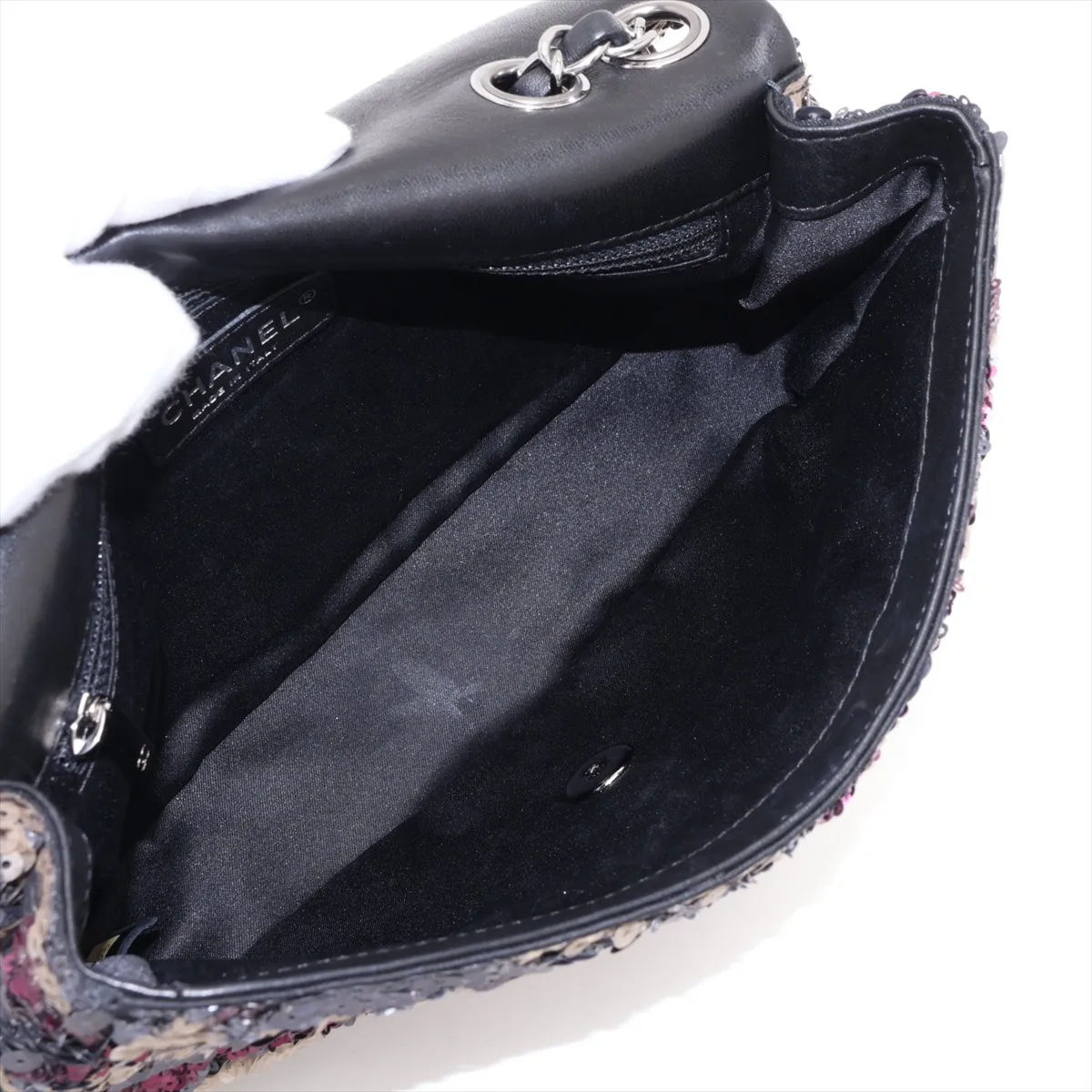 Coco Mark Sequin Single Flap Double Chain Bag, Black with Silver Hardware, 17718321, serial number in the 17 range. — view 7