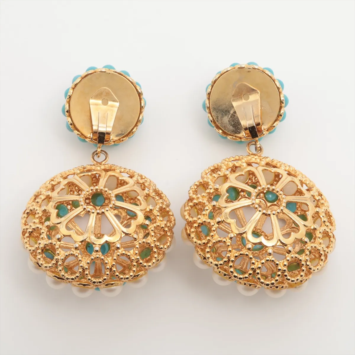 earrings (for both ears), gold plated, faux pearl, resin, blue and white. Shows wear, tarnishing, — view 2