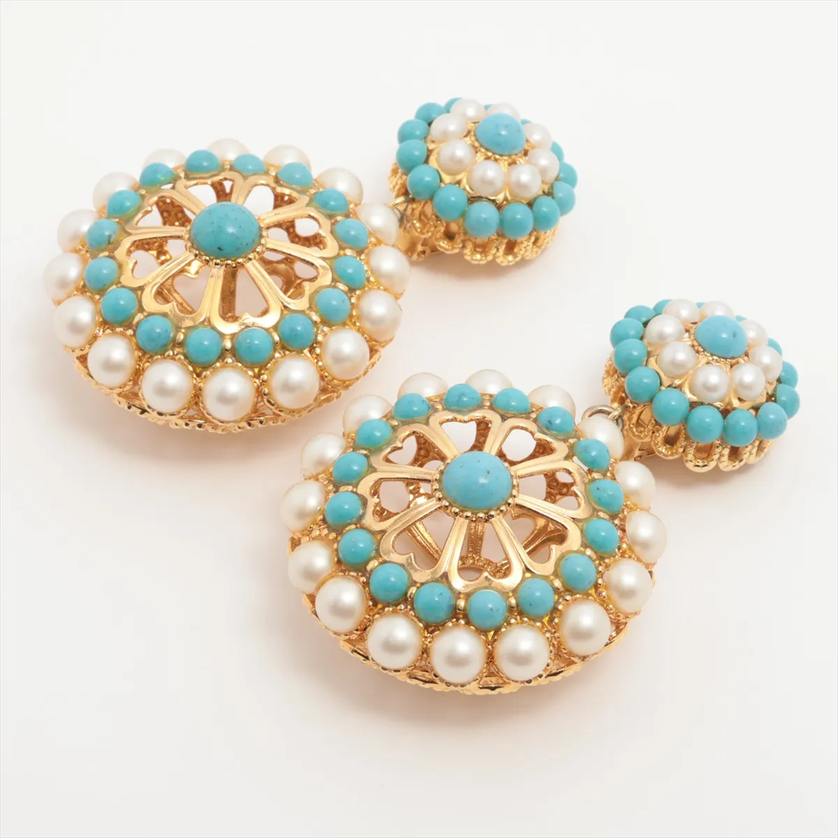 earrings (for both ears), gold plated, faux pearl, resin, blue and white. Shows wear, tarnishing, — view 3