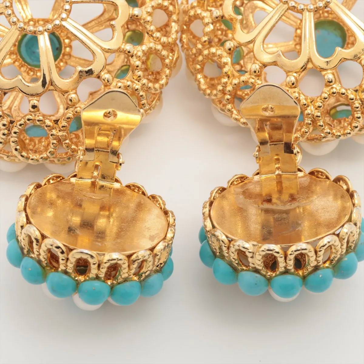 earrings (for both ears), gold plated, faux pearl, resin, blue and white. Shows wear, tarnishing, — view 4