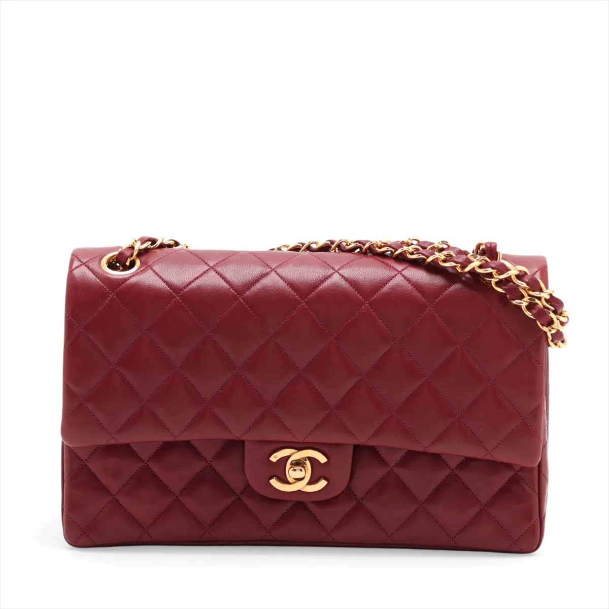 Matelassé 25 Lambskin Double Flap Double Chain Bag, Red with Gold Hardware, A01112
