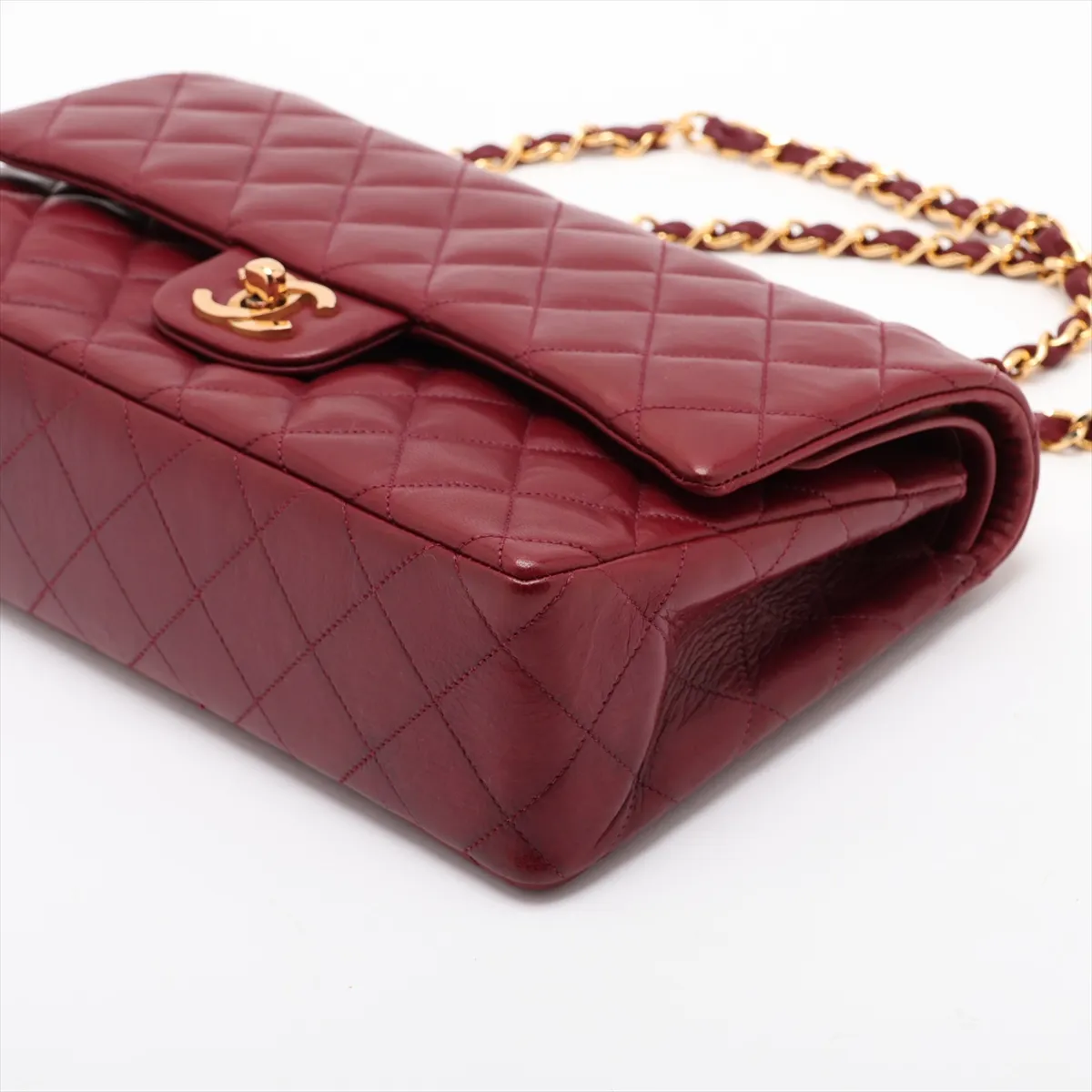 Matelassé 25 Lambskin Double Flap Double Chain Bag, Red with Gold Hardware, A01112 — view 3