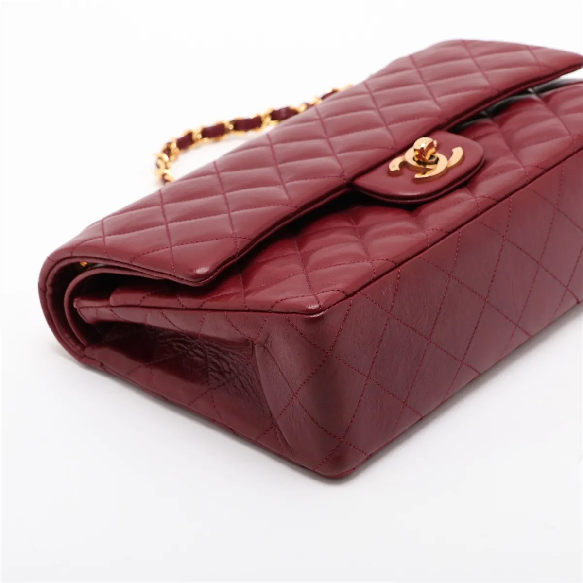 Matelassé 25 Lambskin Double Flap Double Chain Bag, Red with Gold Hardware, A01112 — view 4