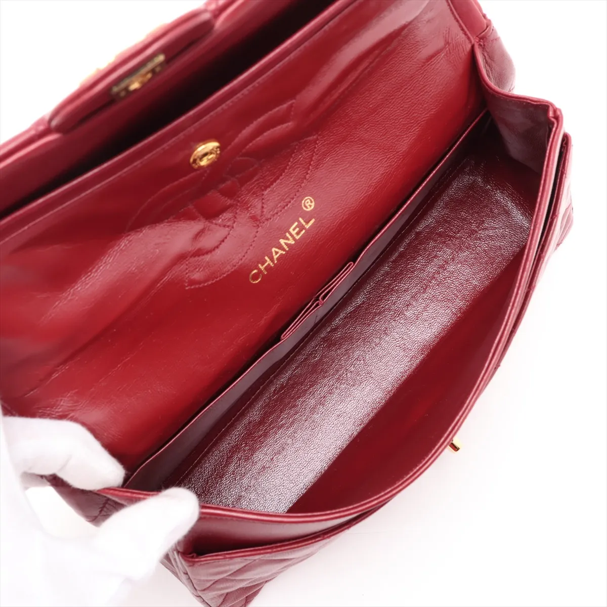 Matelassé 25 Lambskin Double Flap Double Chain Bag, Red with Gold Hardware, A01112 — view 7