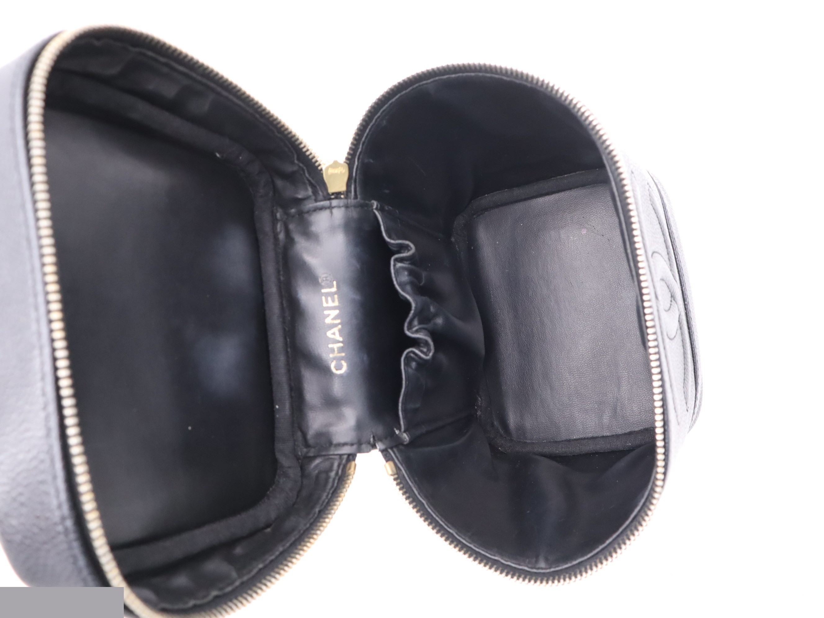 Caviar leather vanity bag with Coco Mark logo, black, gold hardware, and card holder. — view 7