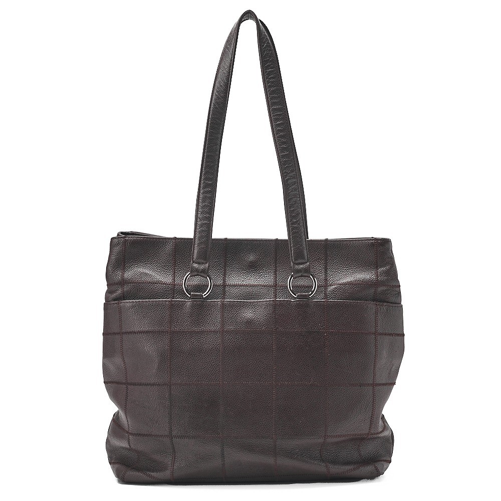 Caviar skin chocolate bar logo plate tote bag, brown, silver hardware, item number 9. — view 2