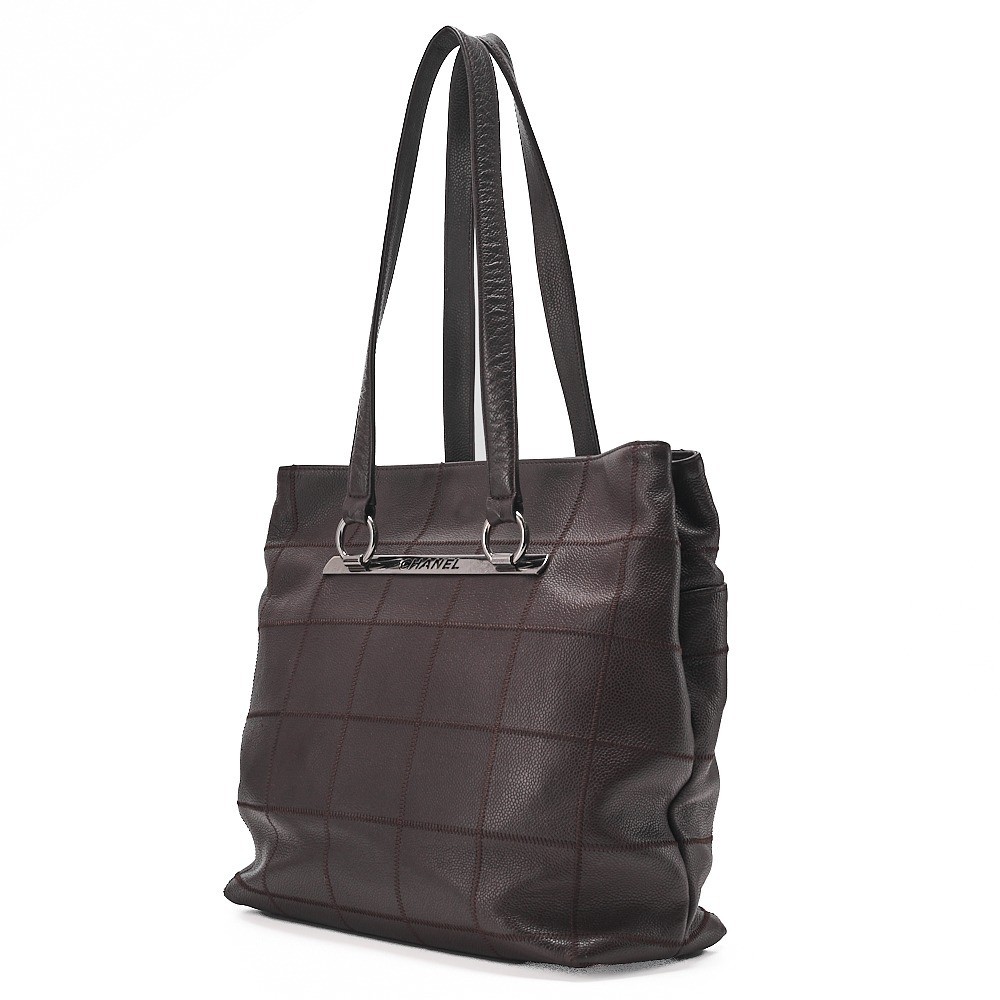 Caviar skin chocolate bar logo plate tote bag, brown, silver hardware, item number 9. — view 3