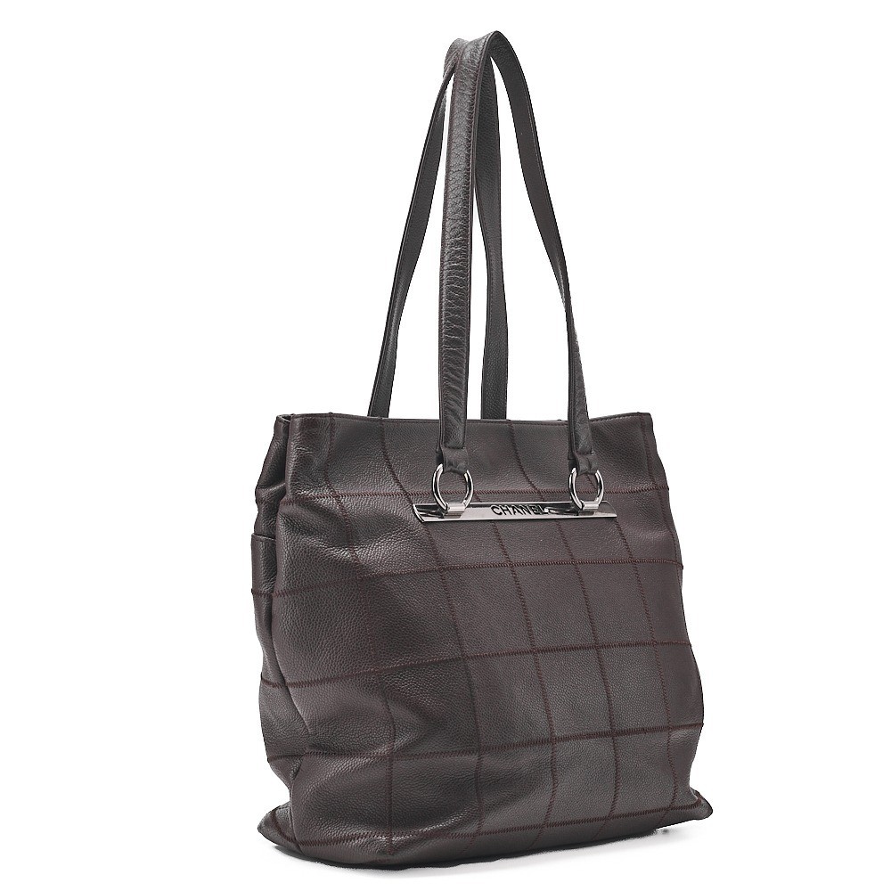 Caviar skin chocolate bar logo plate tote bag, brown, silver hardware, item number 9. — view 4