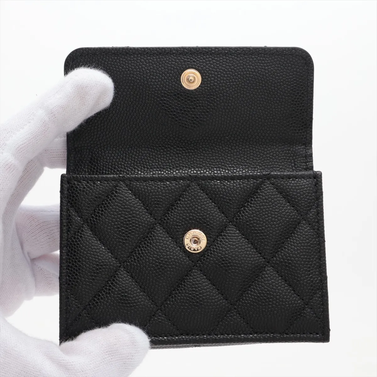 Matelassé Caviar Skin Compact Wallet, Black with Gold Hardware, PNAA3CL8 — view 3