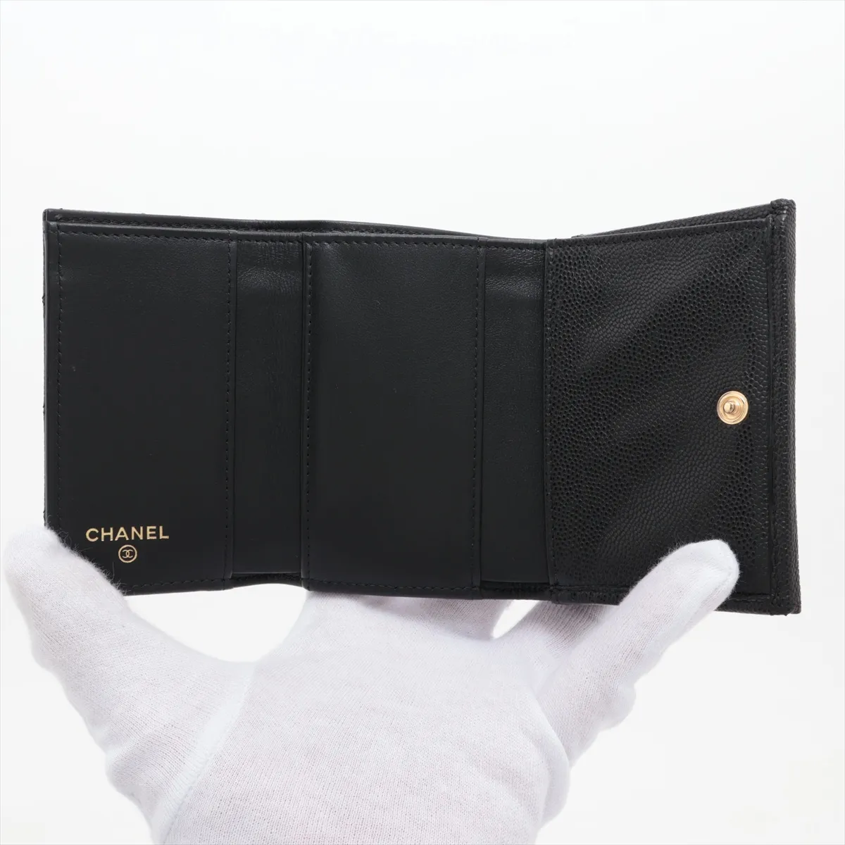 Matelassé Caviar Skin Compact Wallet, Black with Gold Hardware, PNAA3CL8 — view 5