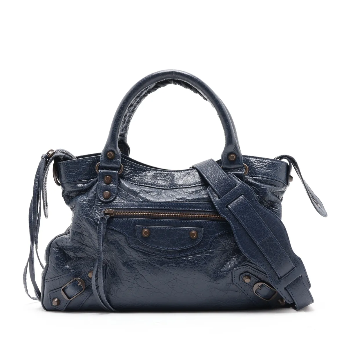 The Town 240579 Leather 2-Way Handbag Navy with Mirror