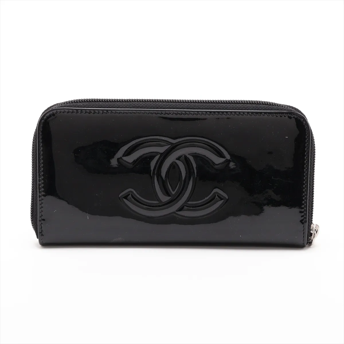 Coco Mark Patent Leather Round Zip Wallet, Black, Silver Hardware, 12996310 — view 2