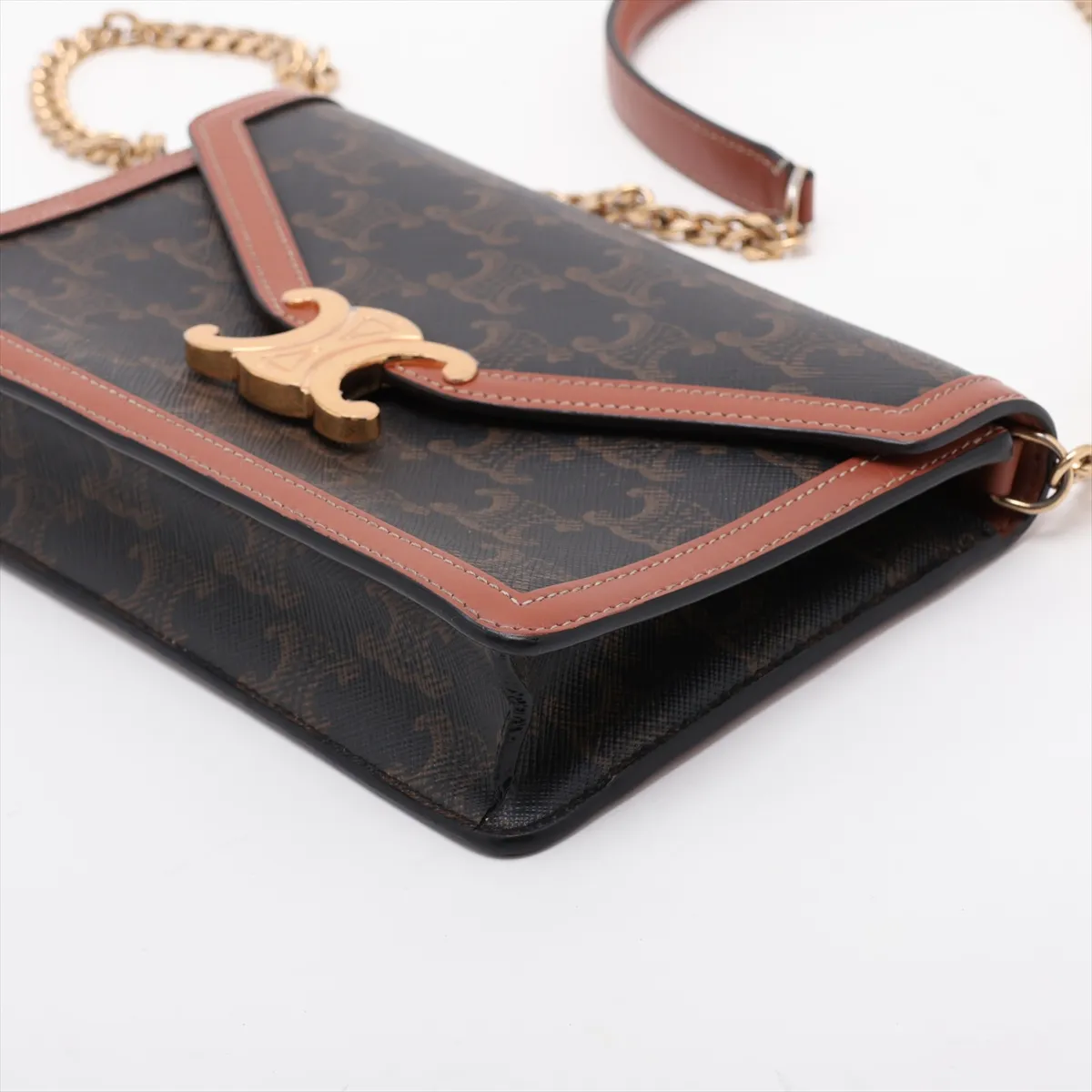 Triomphe Margot PVC x Leather Chain Shoulder Bag, Brown — view 3