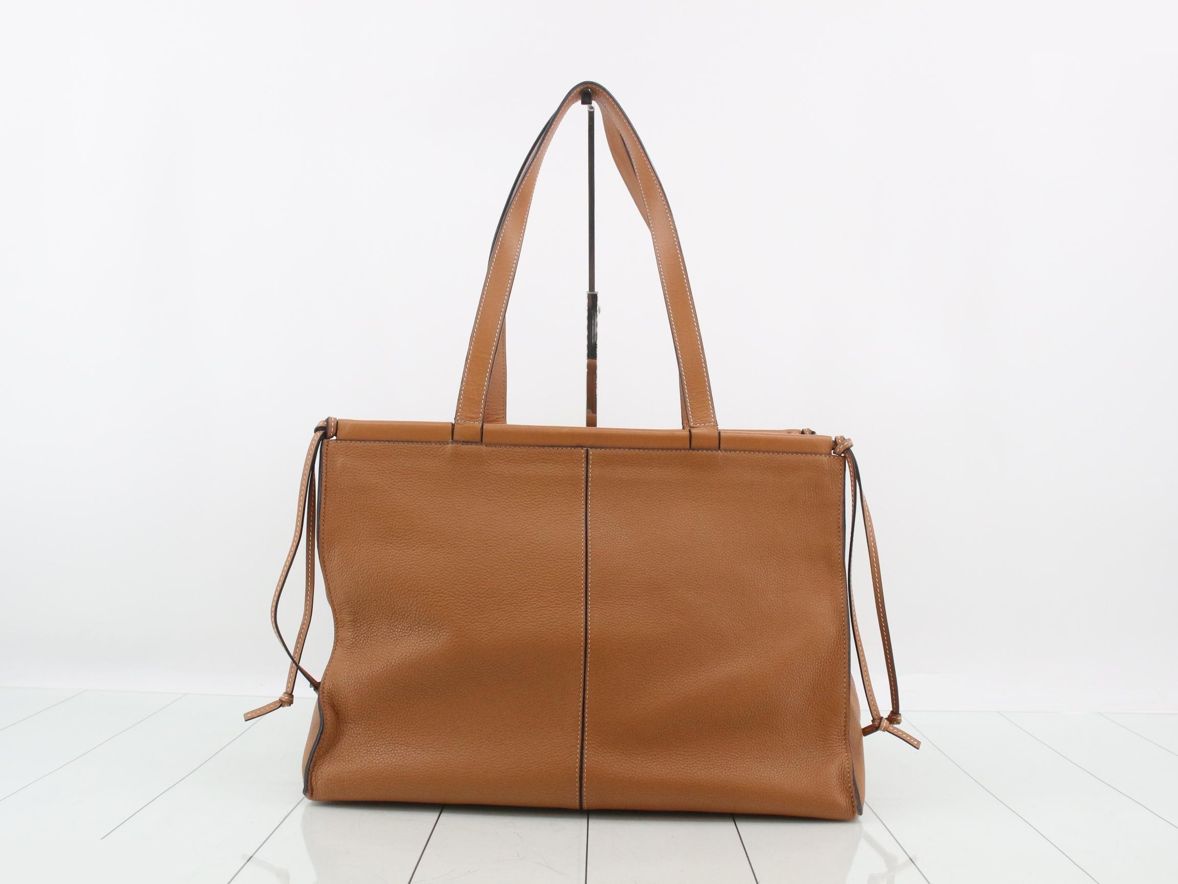 Cushioned Tote Leather Tote Bag, Brown — view 2