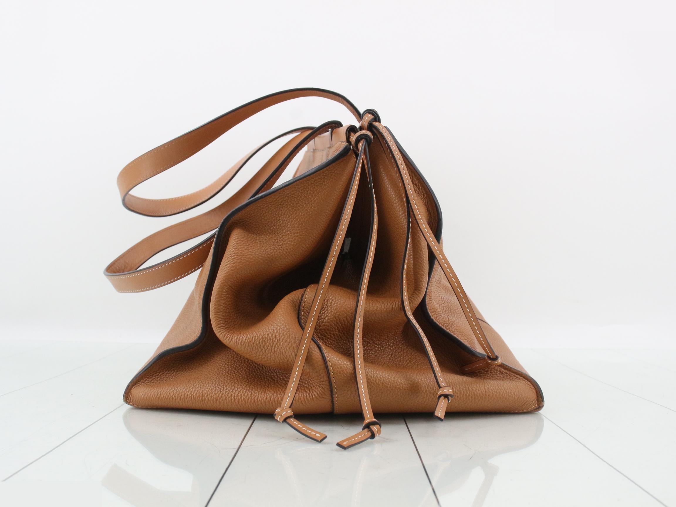 Cushioned Tote Leather Tote Bag, Brown — view 3