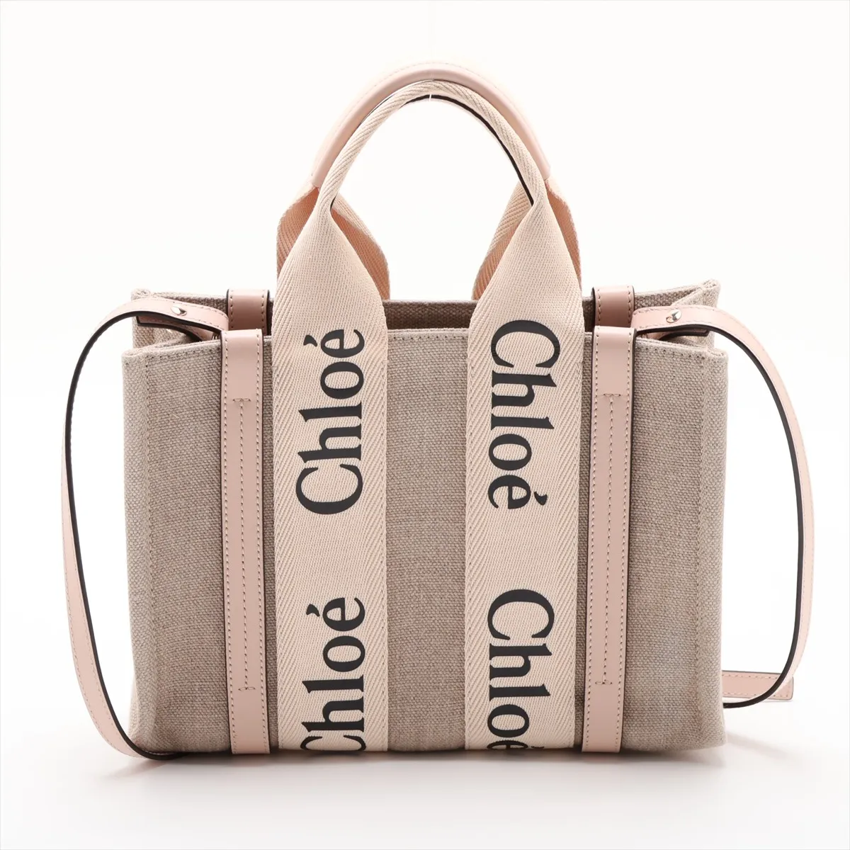 Woody Small Canvas x Leather 2-Way Handbag, Beige x Pink