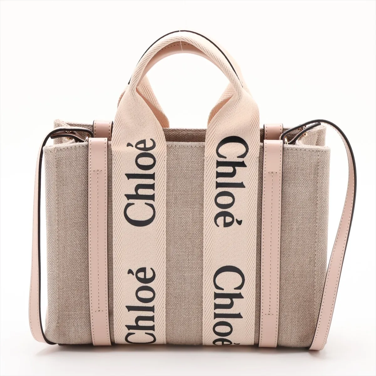 Woody Small Canvas x Leather 2-Way Handbag, Beige x Pink — view 2