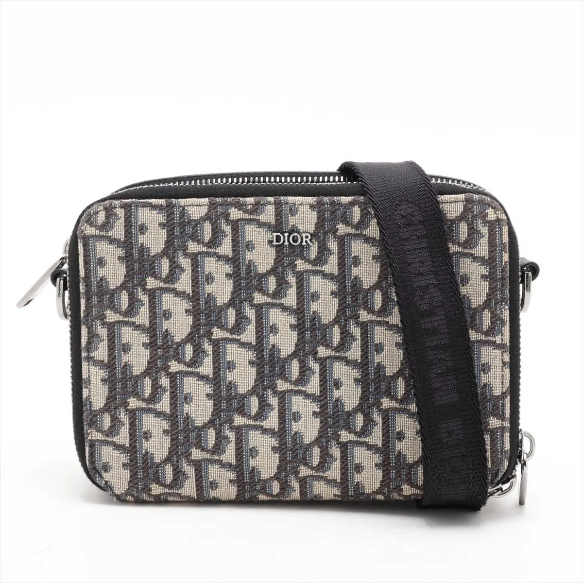 Oblique Canvas x Leather Shoulder Bag, Navy