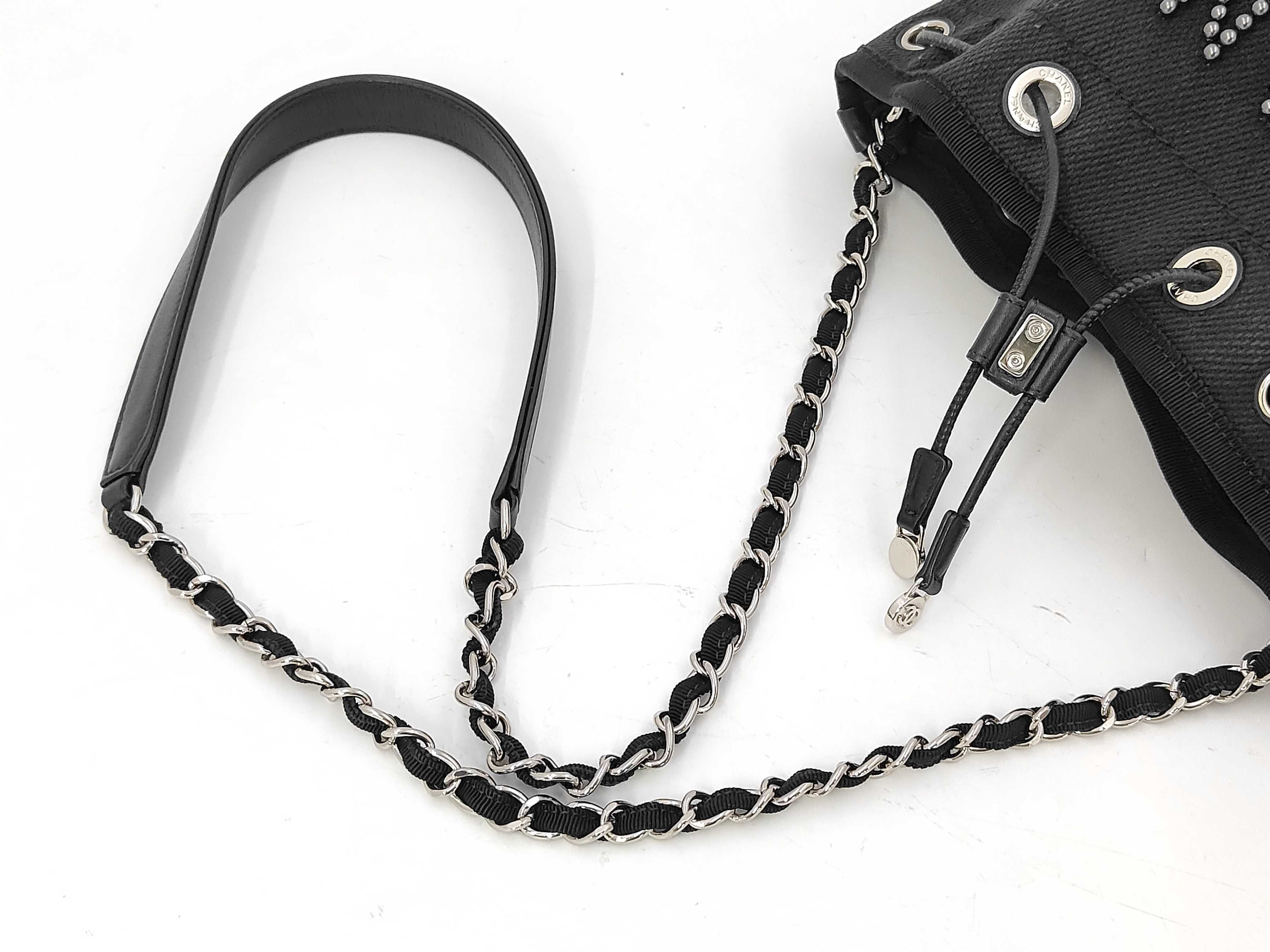 Deauville Drawstring Chain Shoulder Bag, Canvas, Black, SS Shoulder Bag — view 5