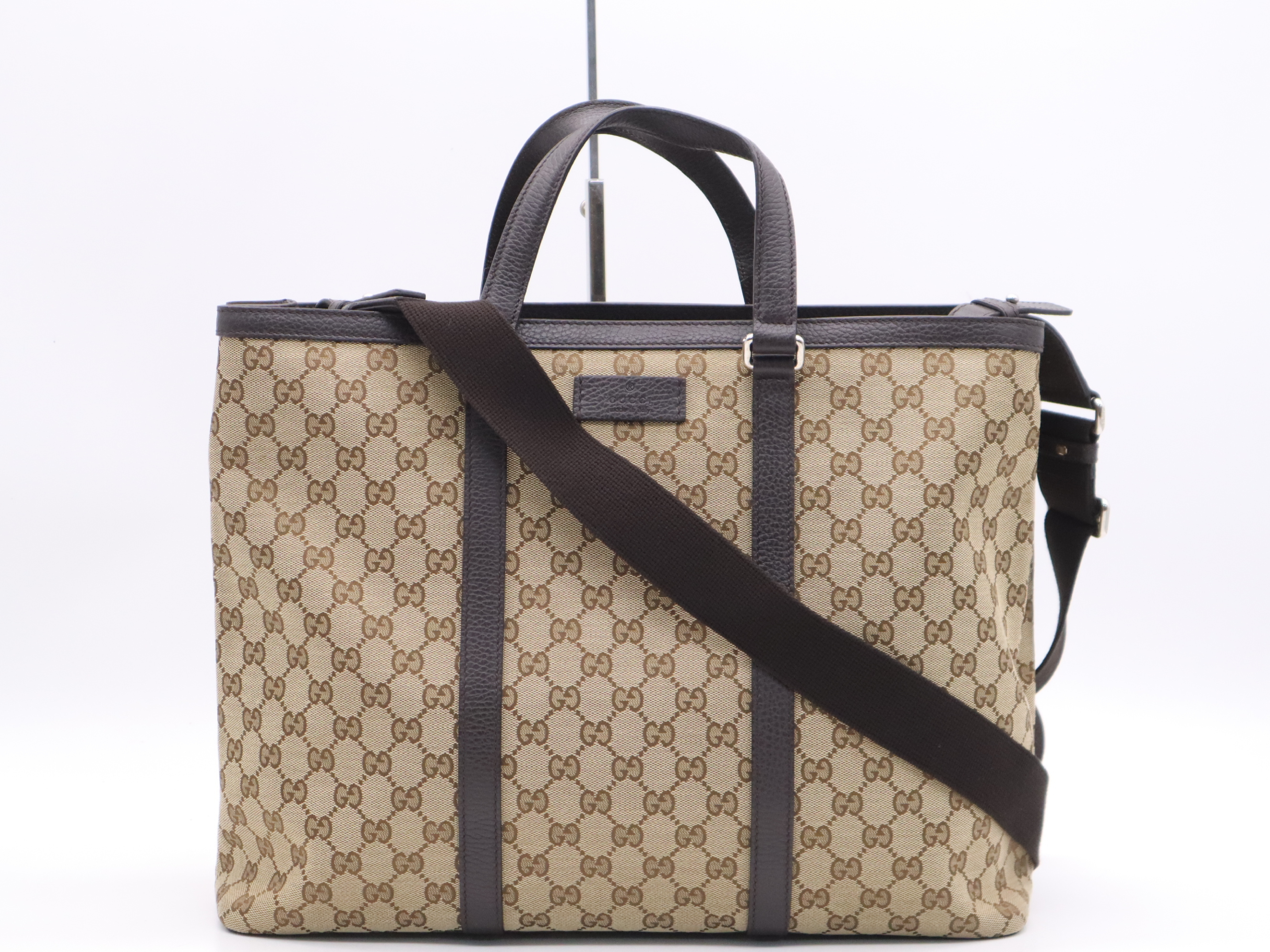 449169 Canvas x Leather GG Canvas 2-Way Tote Bag, Beige x Brown, Silver Hardware, with Shoulder Strap.