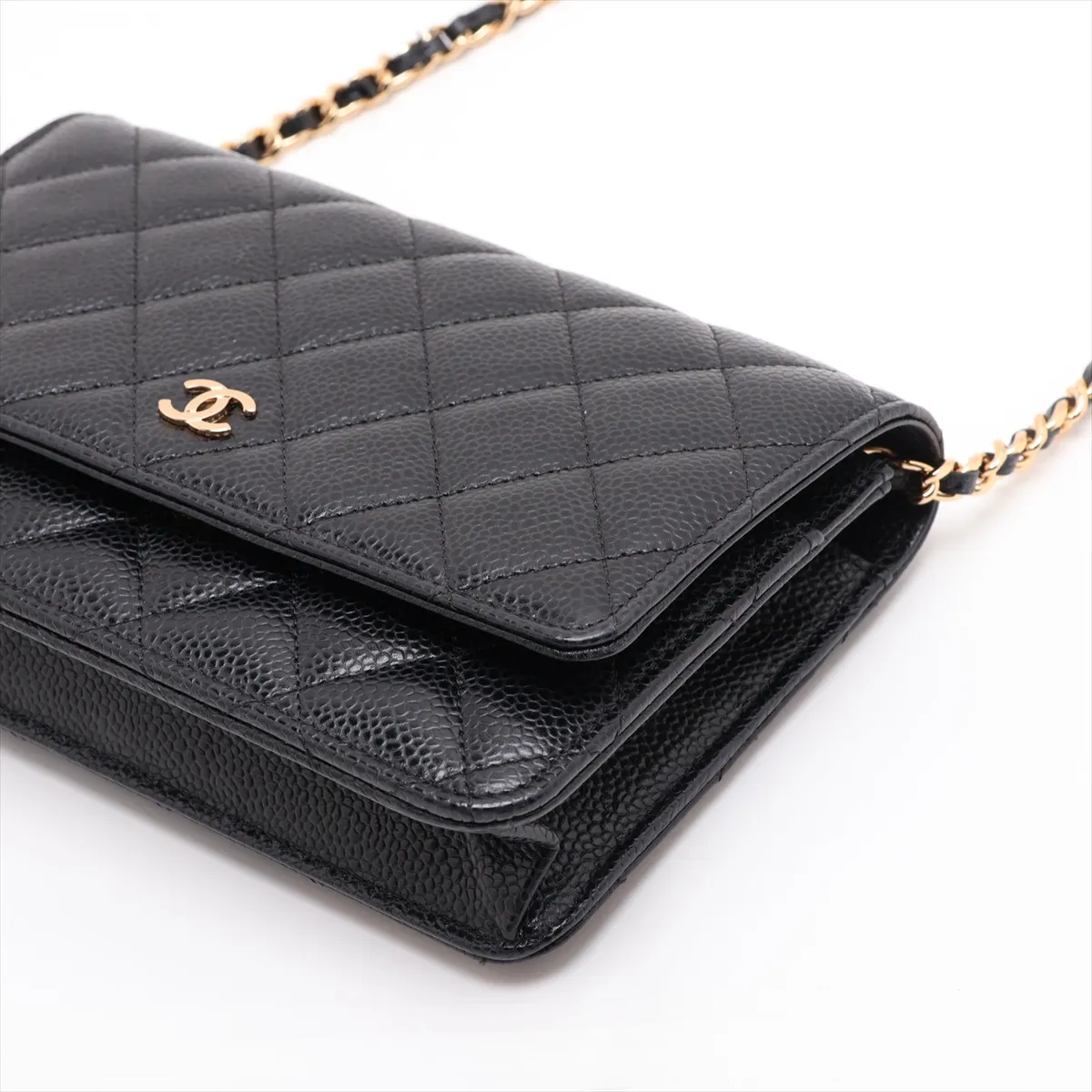 Matelassé Caviar Skin Chain Wallet, Black with Gold Hardware, 30653350 (Serial Number in the 30s) — view 3