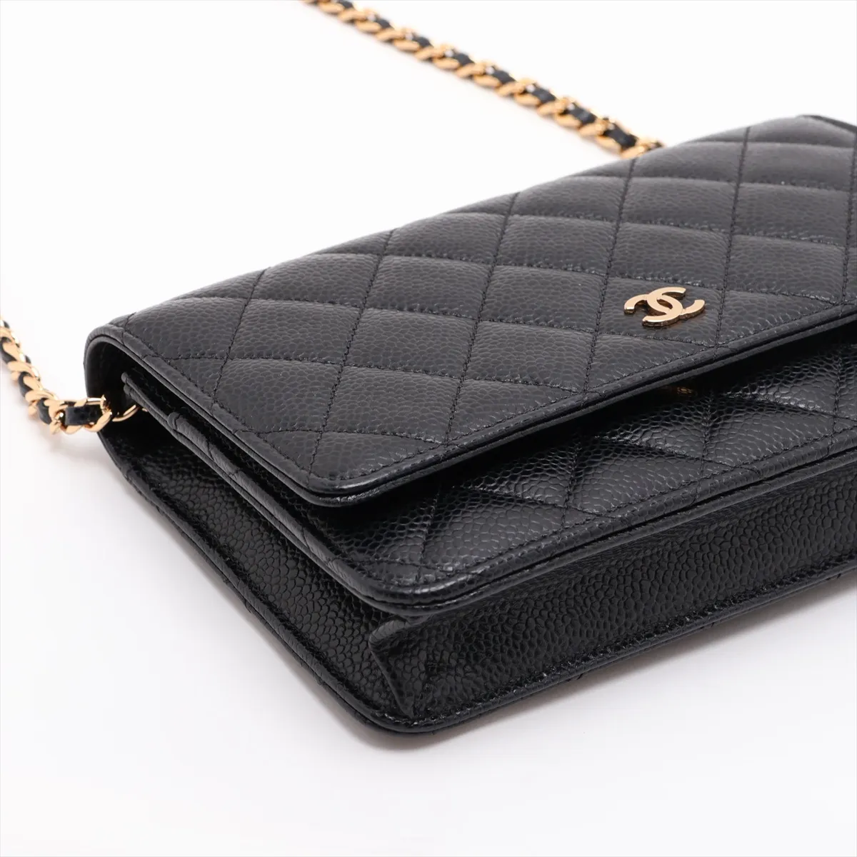 Matelassé Caviar Skin Chain Wallet, Black with Gold Hardware, 30653350 (Serial Number in the 30s) — view 4