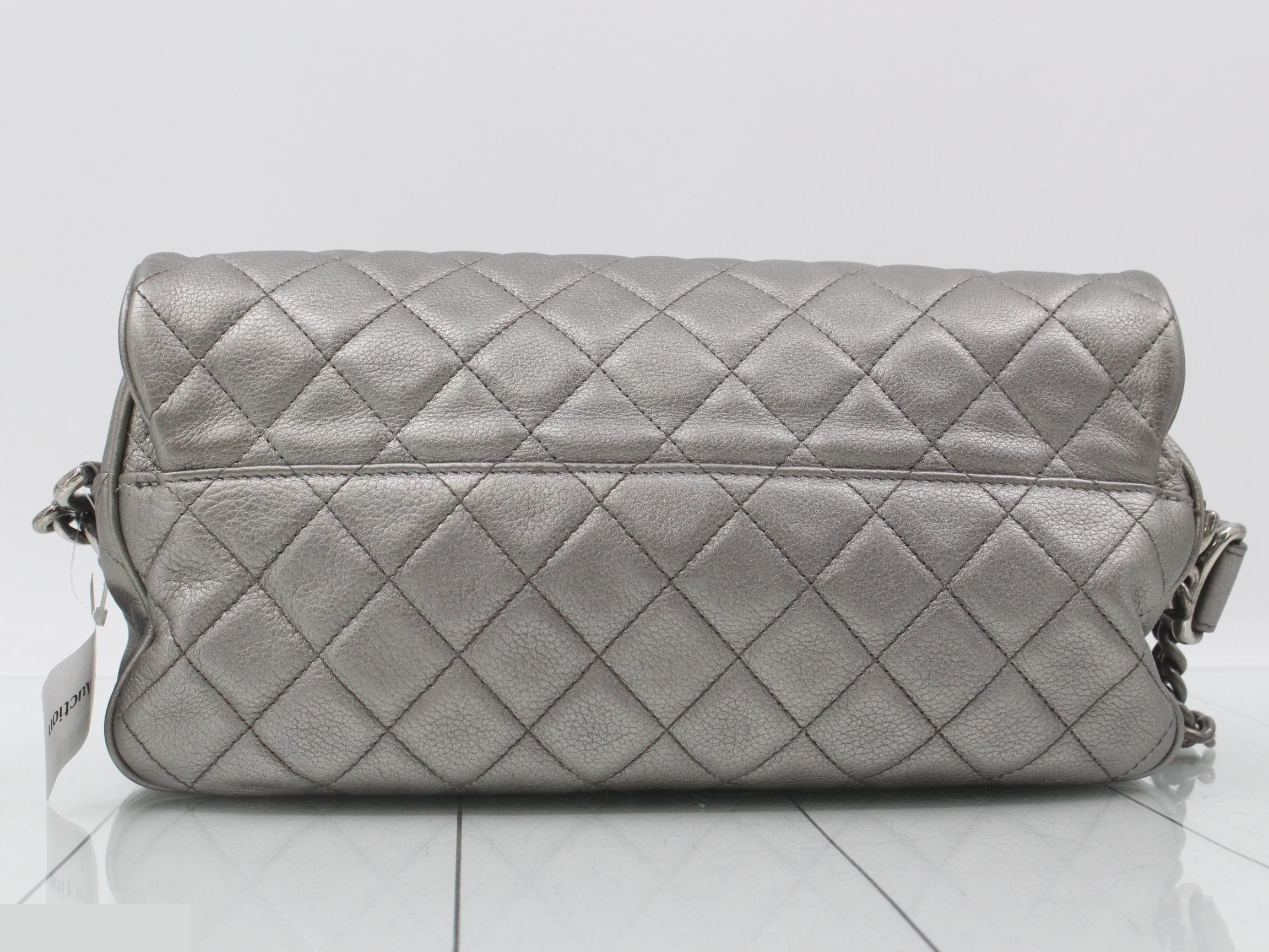 Matelassé Leather Turnlock Semi-Shoulder Bag, Silver Color — view 2
