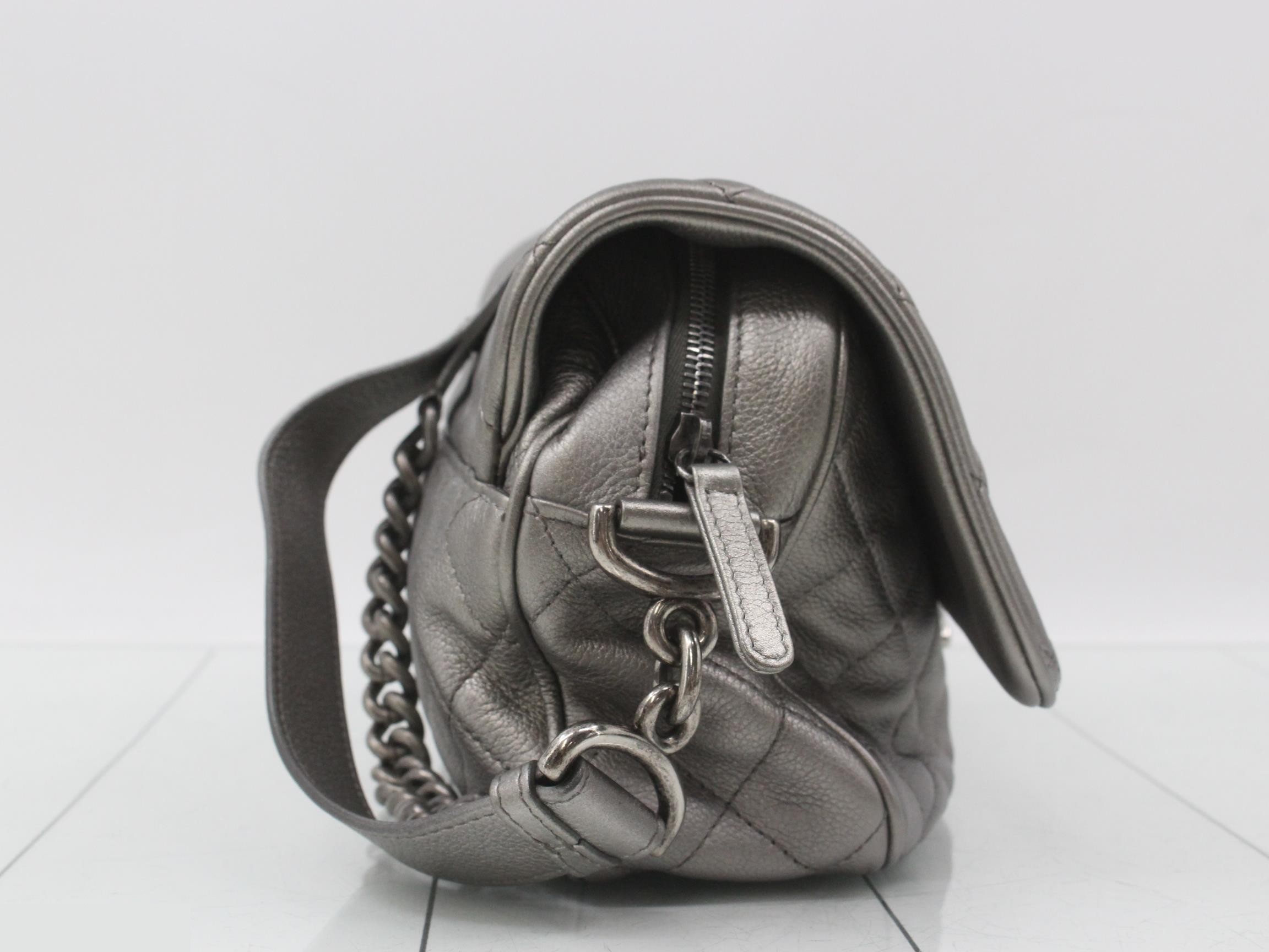 Matelassé Leather Turnlock Semi-Shoulder Bag, Silver Color — view 4
