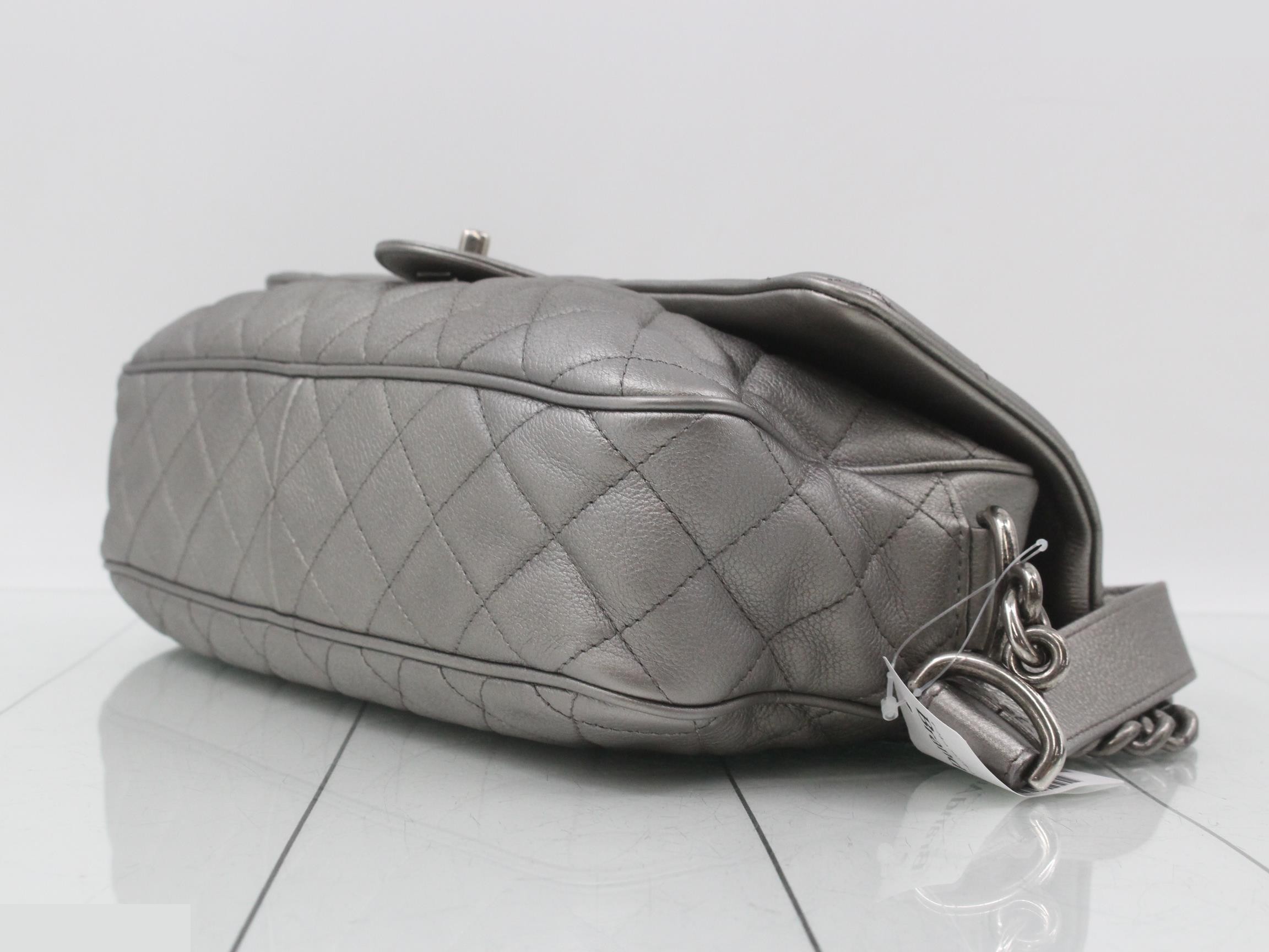 Matelassé Leather Turnlock Semi-Shoulder Bag, Silver Color — view 6