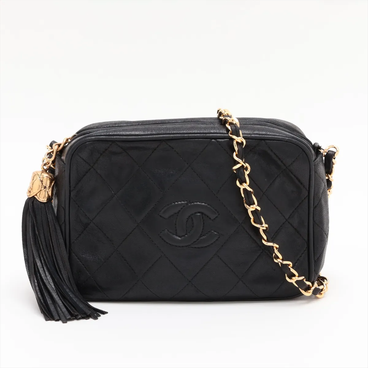 Matelassé Lambskin Chain Shoulder Bag with Fringe, Black with Gold Hardware, Item No. 1310123