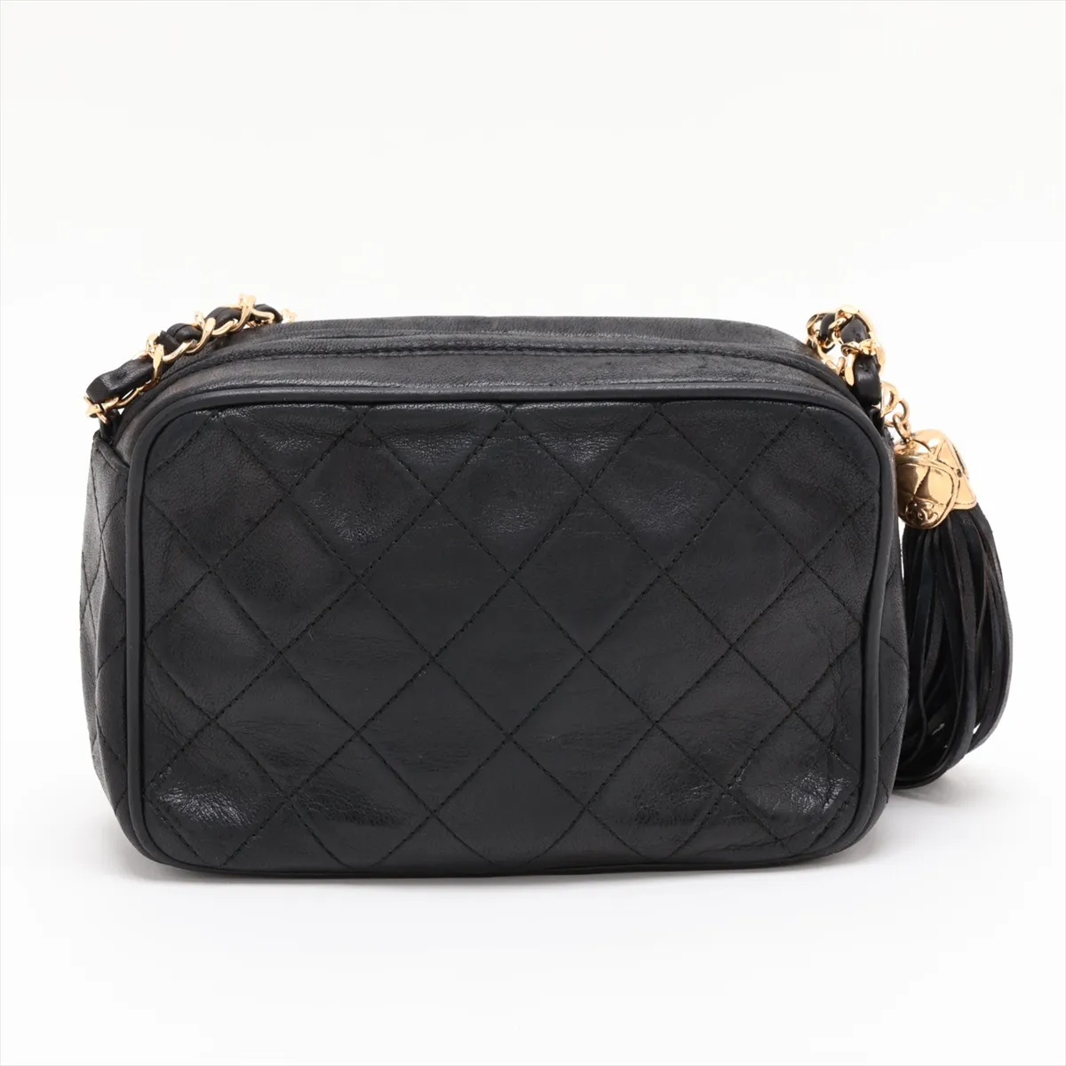 Matelassé Lambskin Chain Shoulder Bag with Fringe, Black with Gold Hardware, Item No. 1310123 — view 2