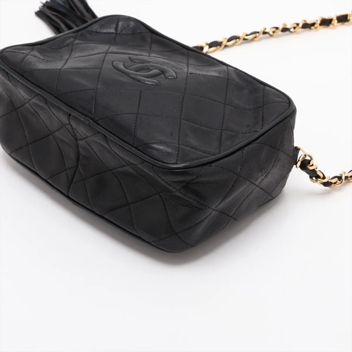 Matelassé Lambskin Chain Shoulder Bag with Fringe, Black with Gold Hardware, Item No. 1310123 — view 3