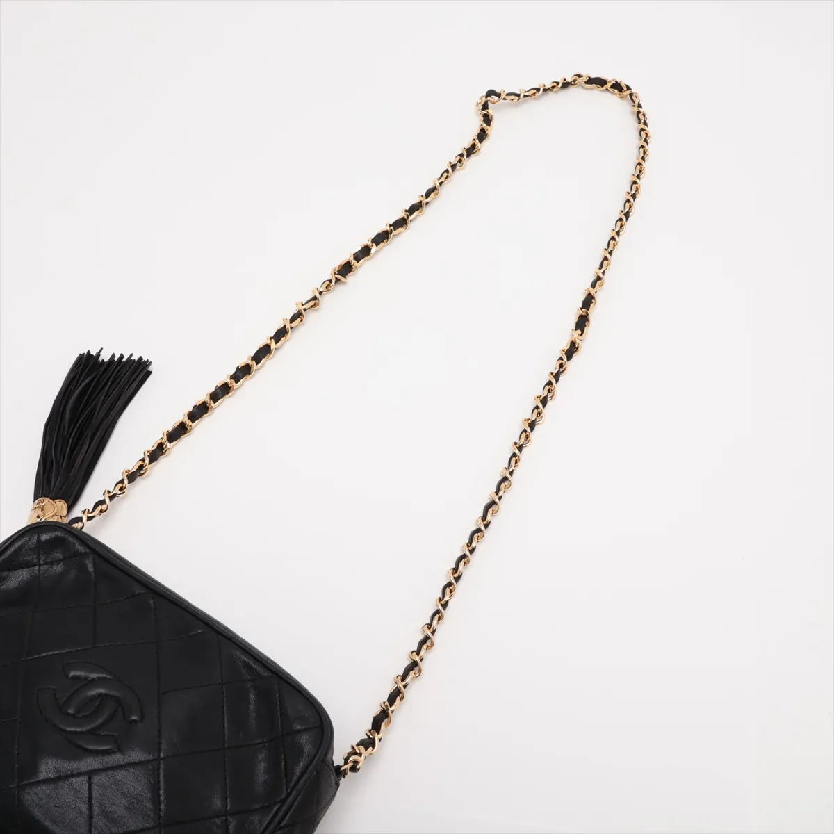Matelassé Lambskin Chain Shoulder Bag with Fringe, Black with Gold Hardware, Item No. 1310123 — view 5
