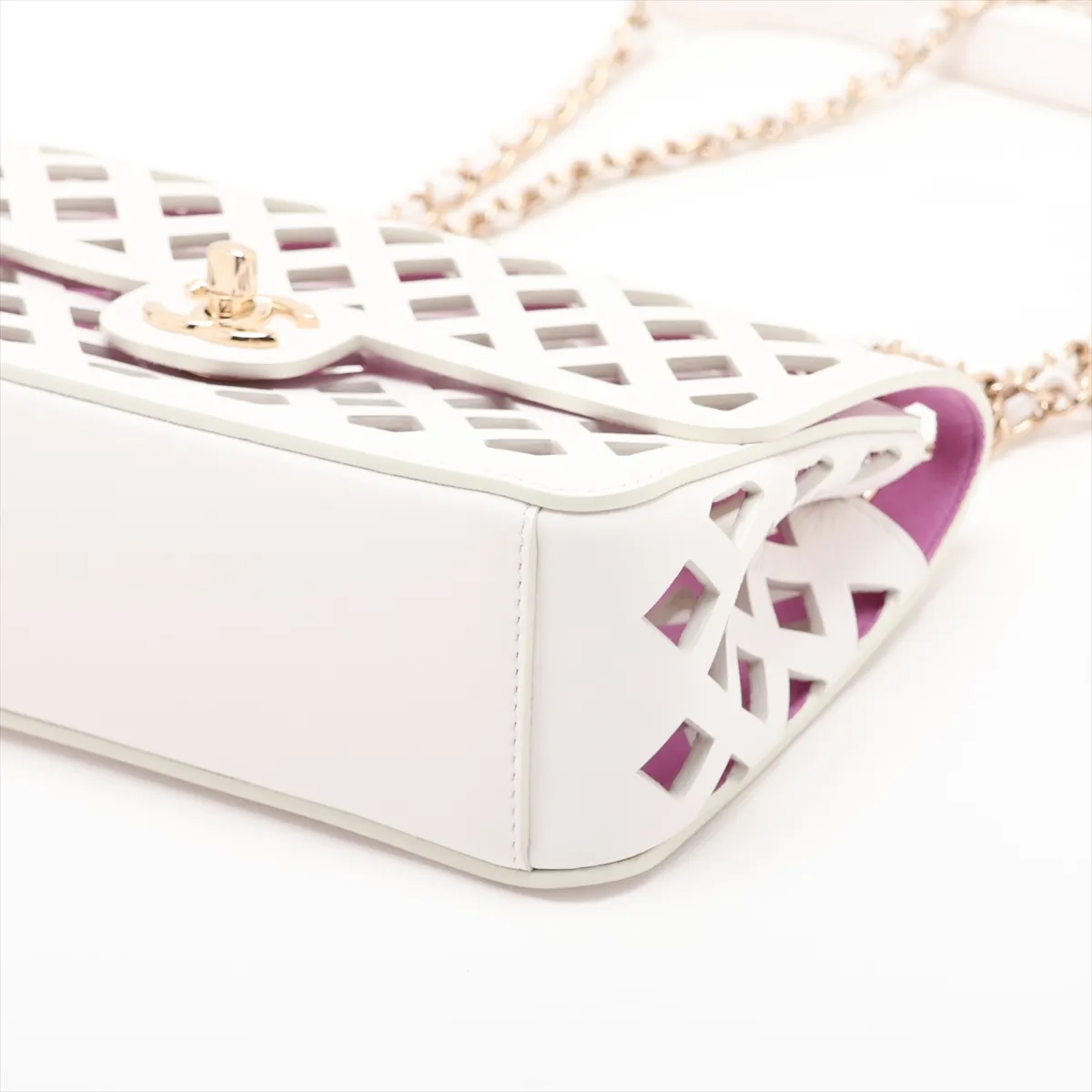 Matelassé Perforated Leather Single Flap Double Chain Bag, White with Gold Hardware, 31063065 (Serial Number 31) — view 3