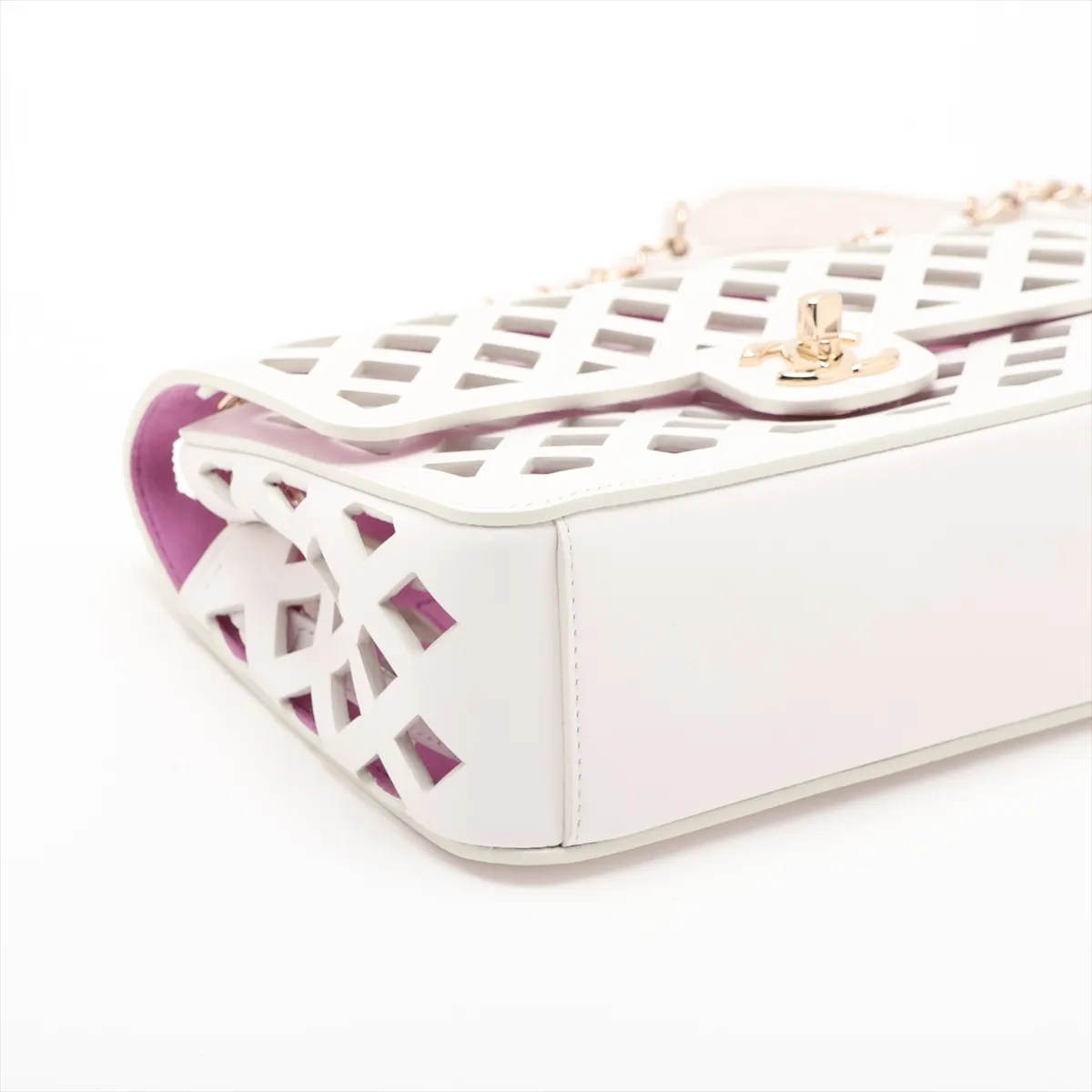 Matelassé Perforated Leather Single Flap Double Chain Bag, White with Gold Hardware, 31063065 (Serial Number 31) — view 4