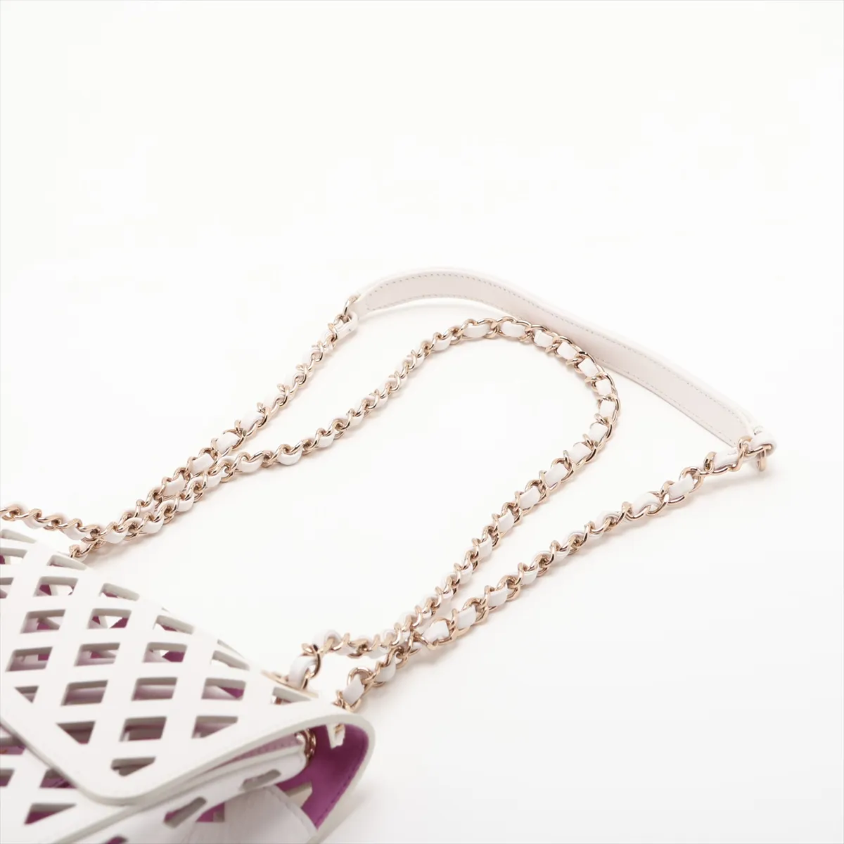 Matelassé Perforated Leather Single Flap Double Chain Bag, White with Gold Hardware, 31063065 (Serial Number 31) — view 5