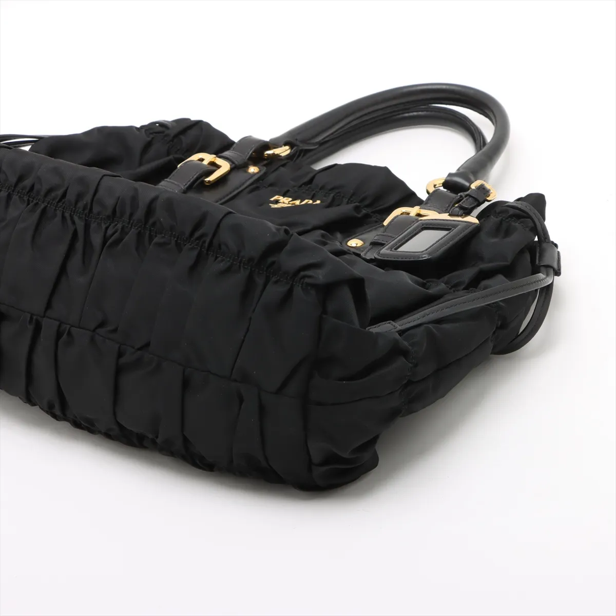 gathered nylon x leather handbag black — view 3